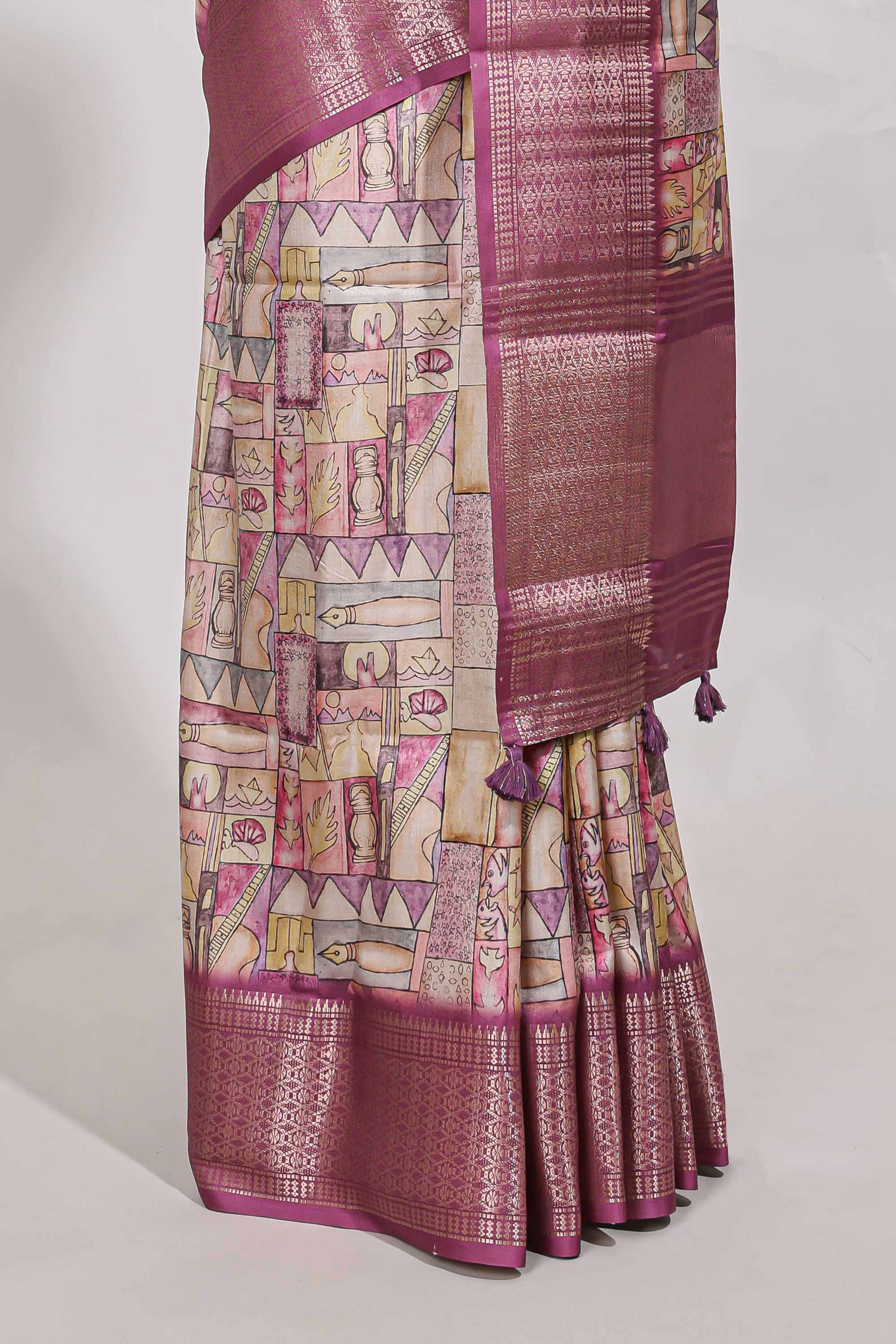 story bookprintedsemi tussar saree with zari border and zari weaving blouse