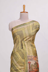 Olive greenabstract geometric pattern semi tussar saree with village art print pallu and tissue blouse