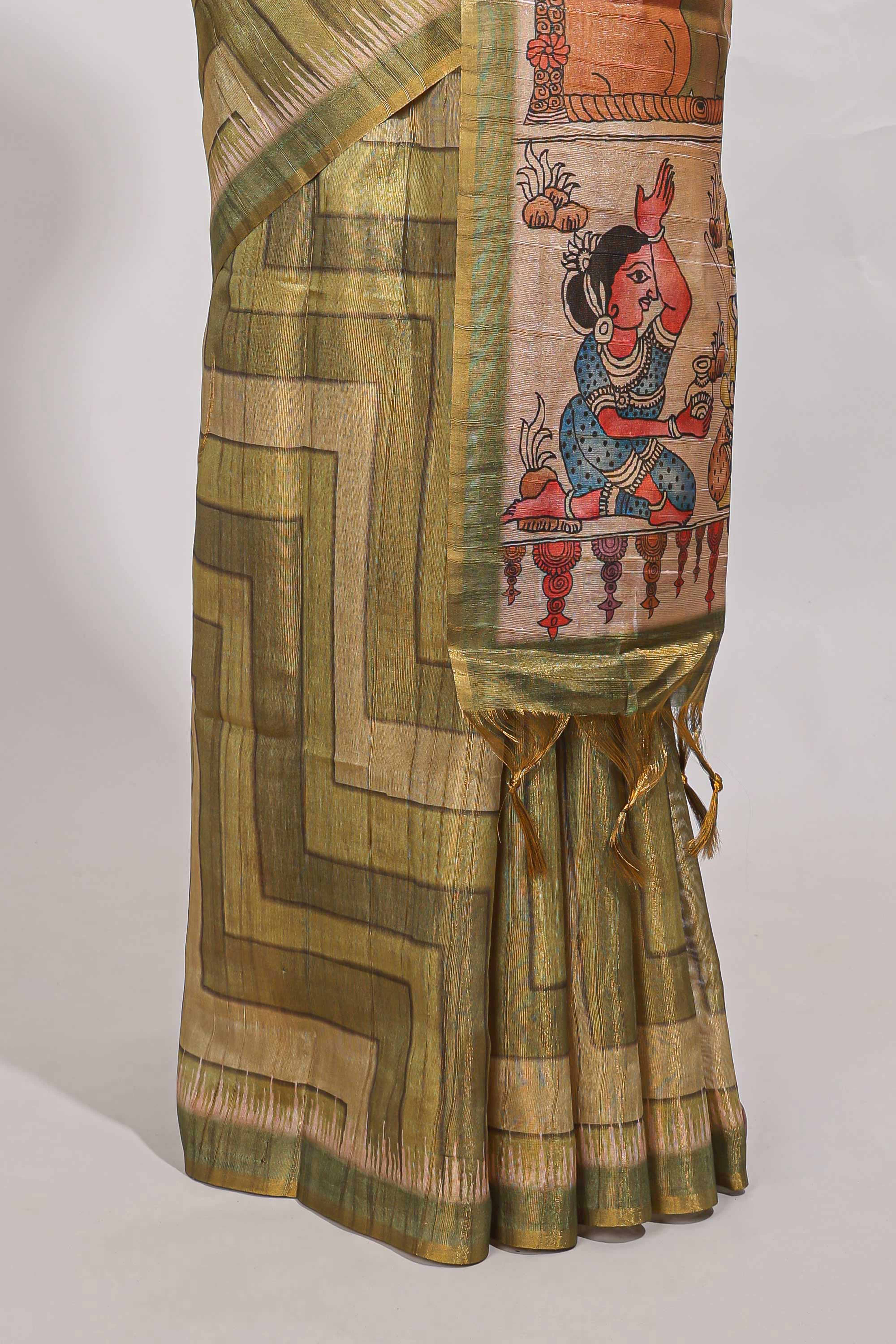Olive greenabstract geometric pattern semi tussar saree with village art print pallu and tissue blouse