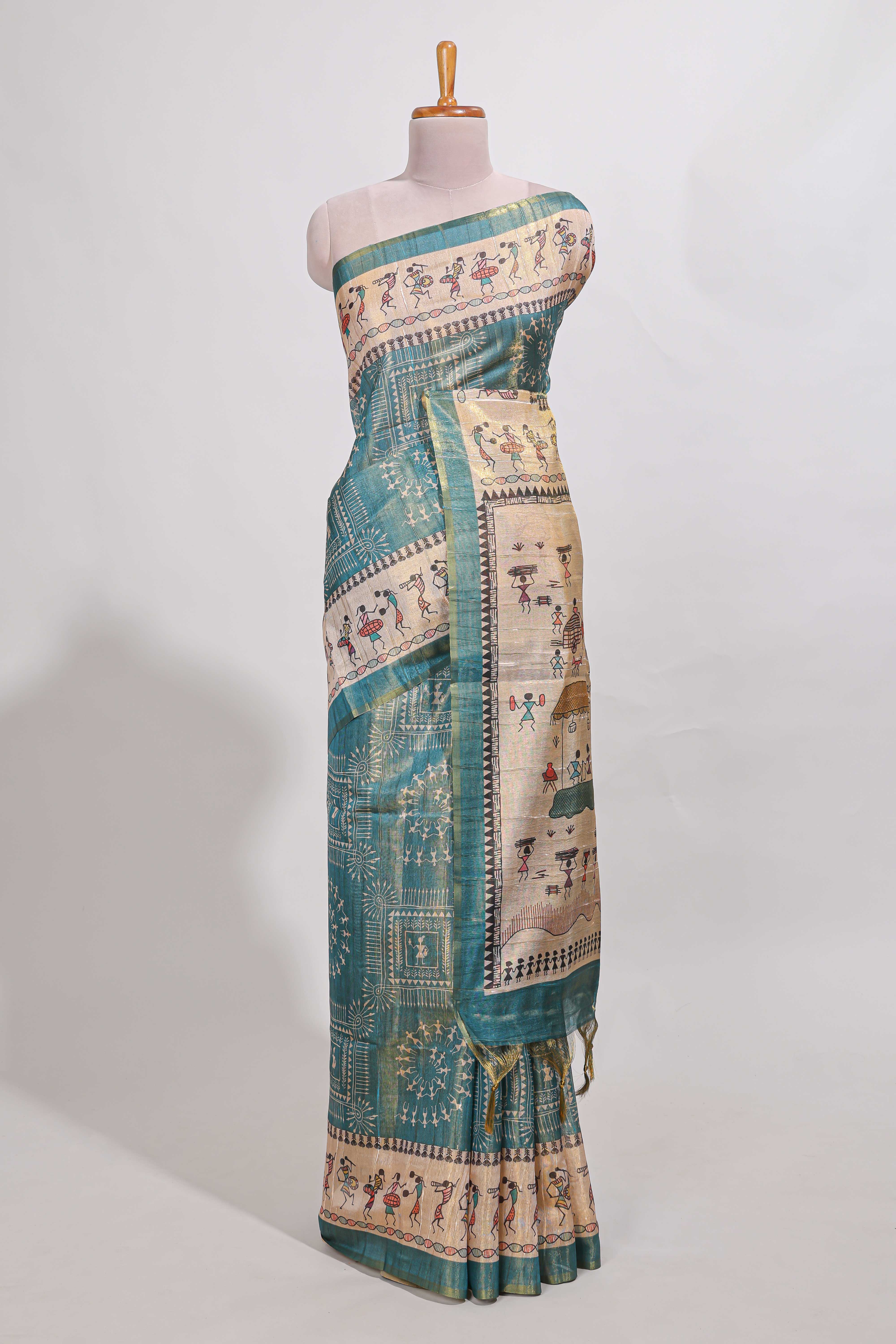 warli print tussar saree with self print blouse , along with tassels