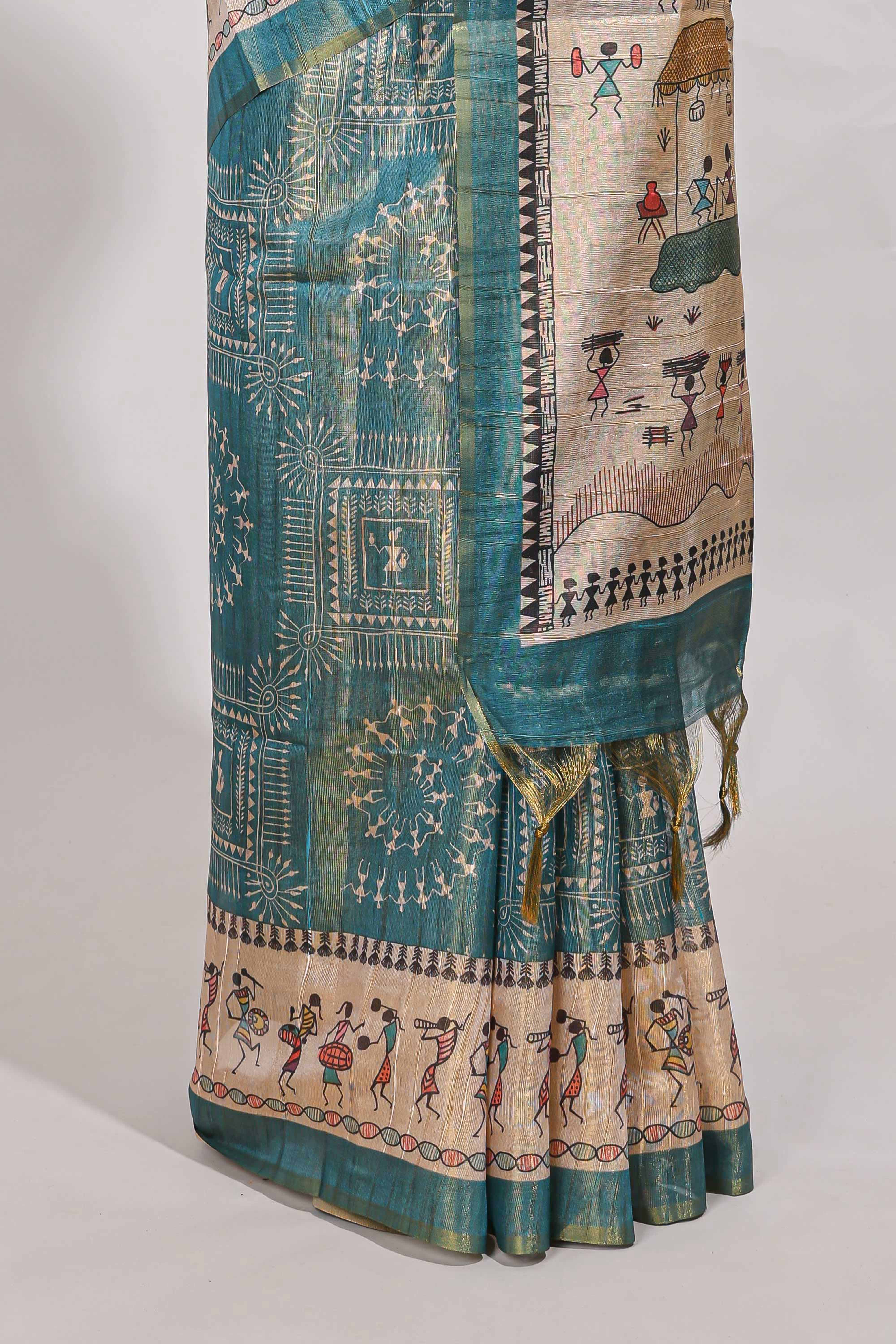 warli print tussar saree with self print blouse , along with tassels