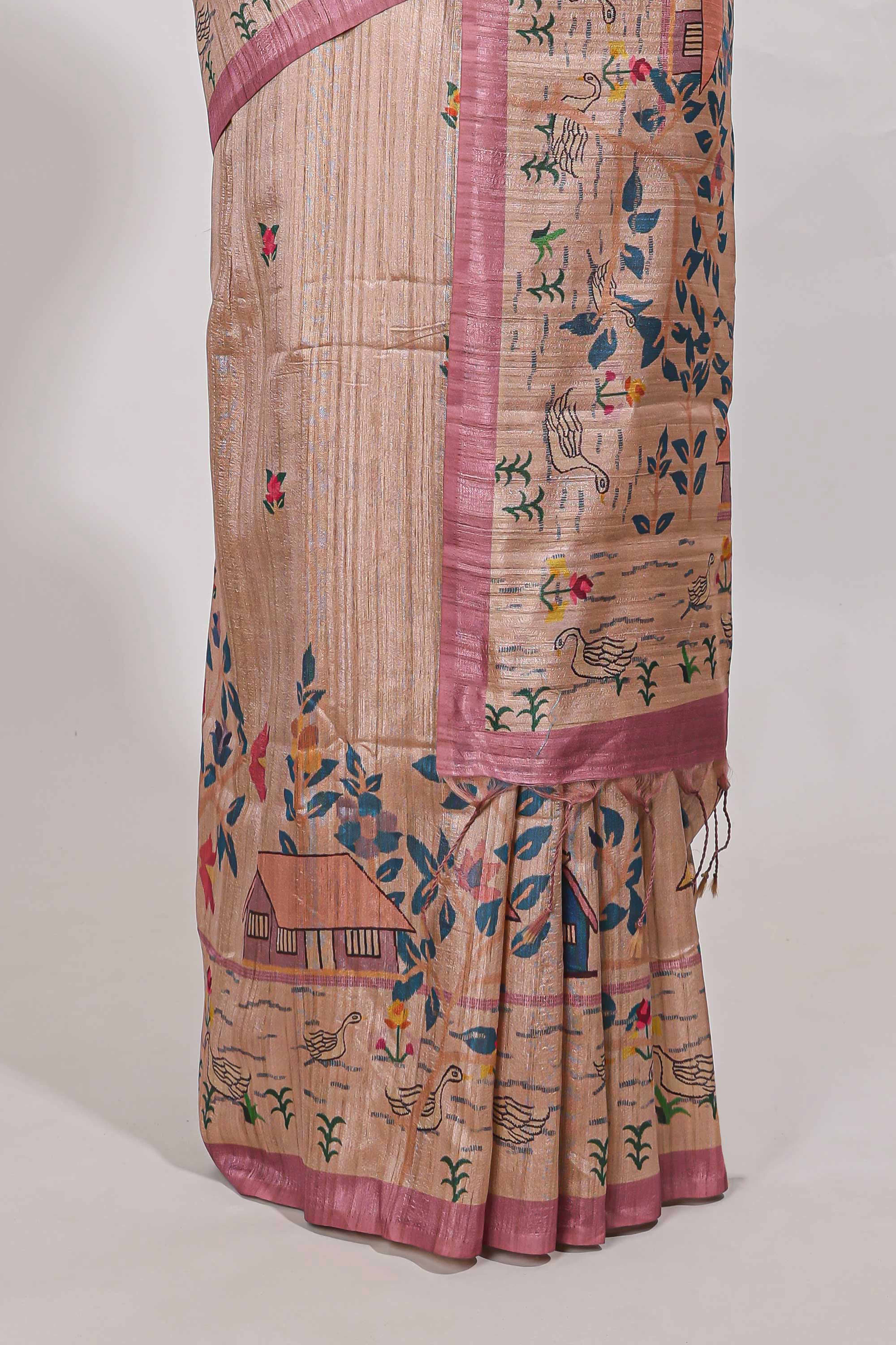 pastel pink artistic village art tussar saree with small border and matching pallu