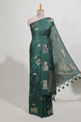 green tussar saree elephant inspired zari motifswithzari butta blouse and matching pallu