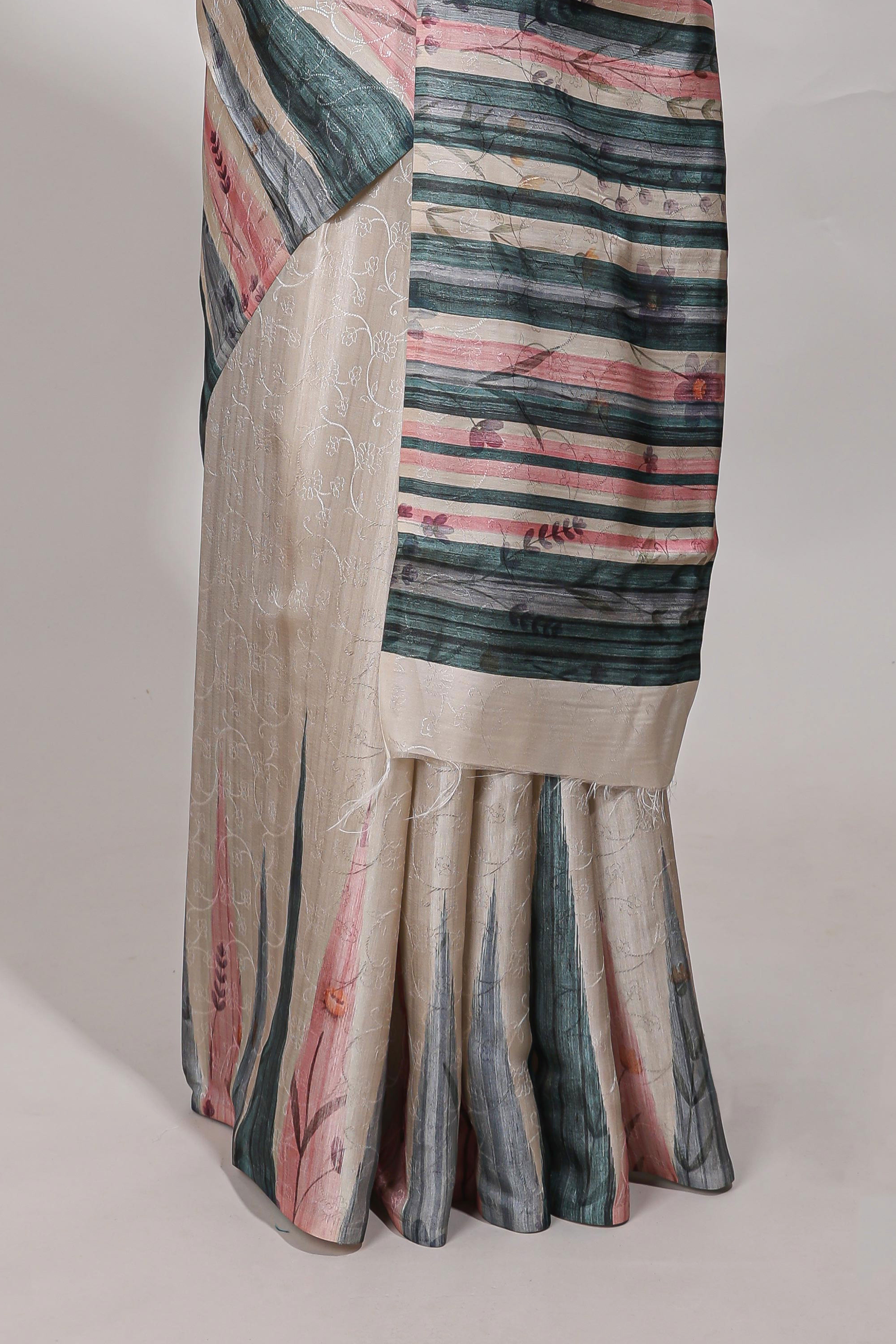 Bottle green ikkat print tussar saree pastel multi coloured ikkat patterns with matching blouse with matching pallu