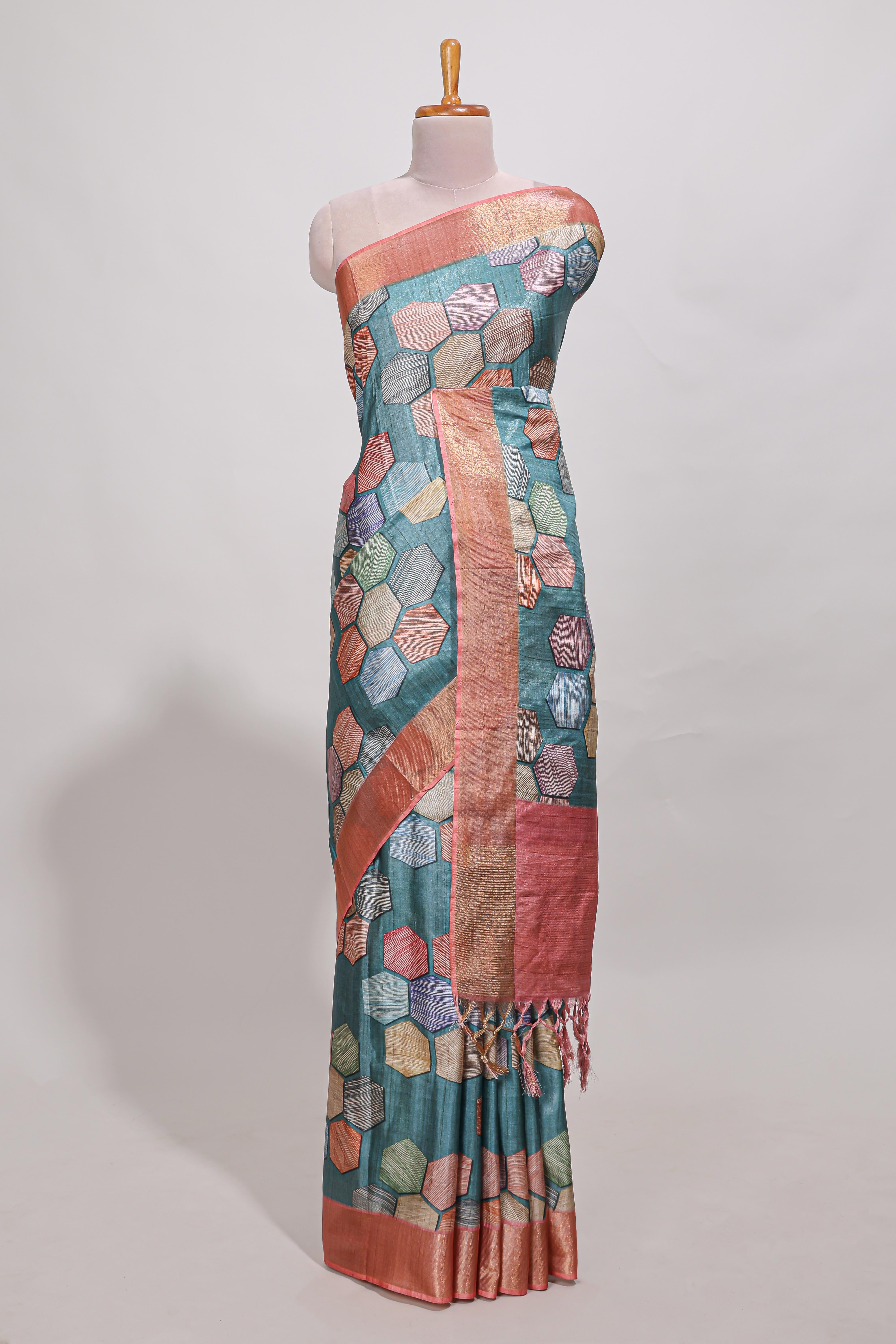 Sea green geometrical tussar silk saree multi coloured honeycomb geomatricpatterns ,rich matching pallu along with tussles
