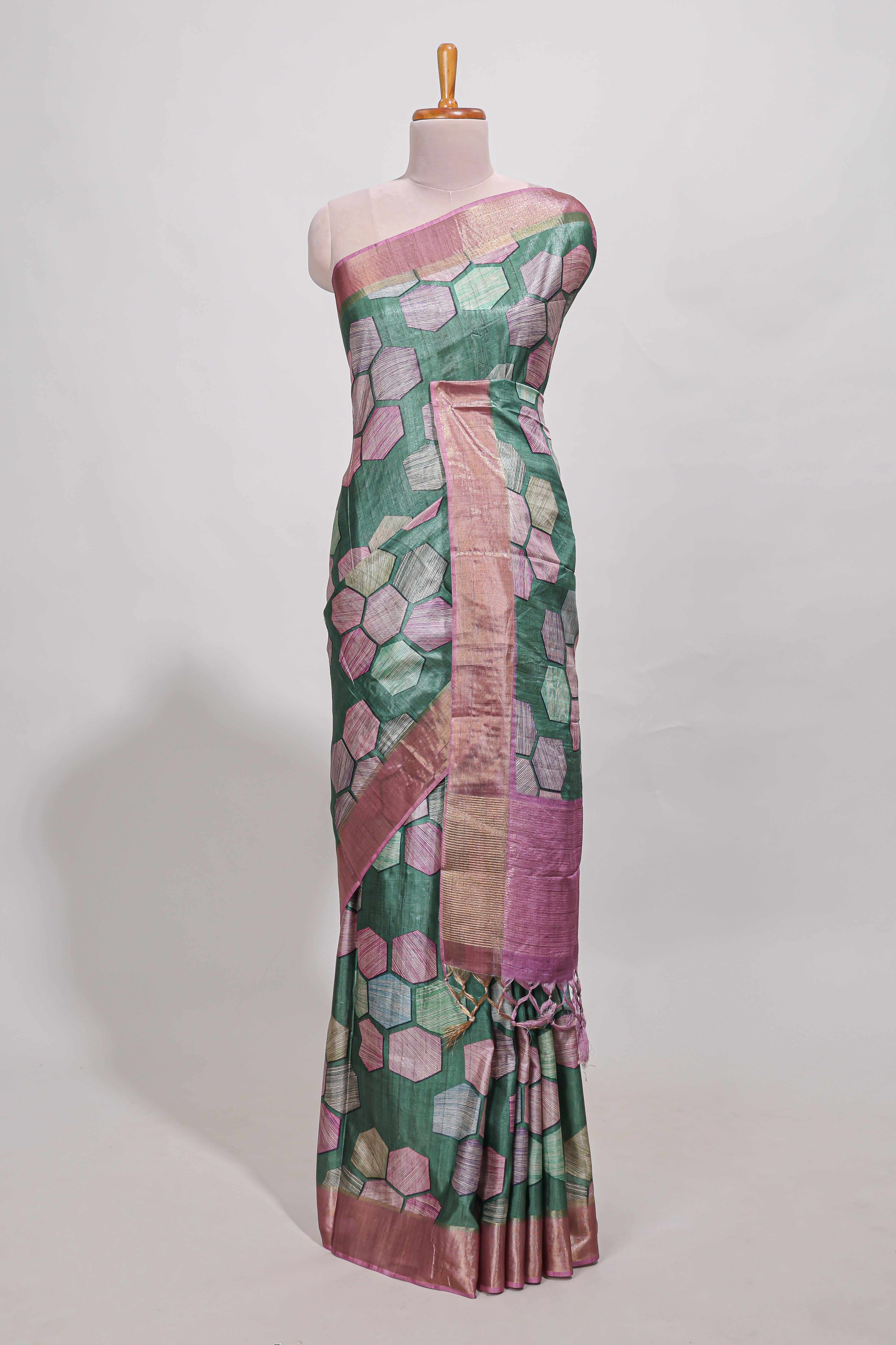 Green geometrical tussar silk saree multi coloured honeycomb geomatricpatterns ,rich matching pallu along with tussles