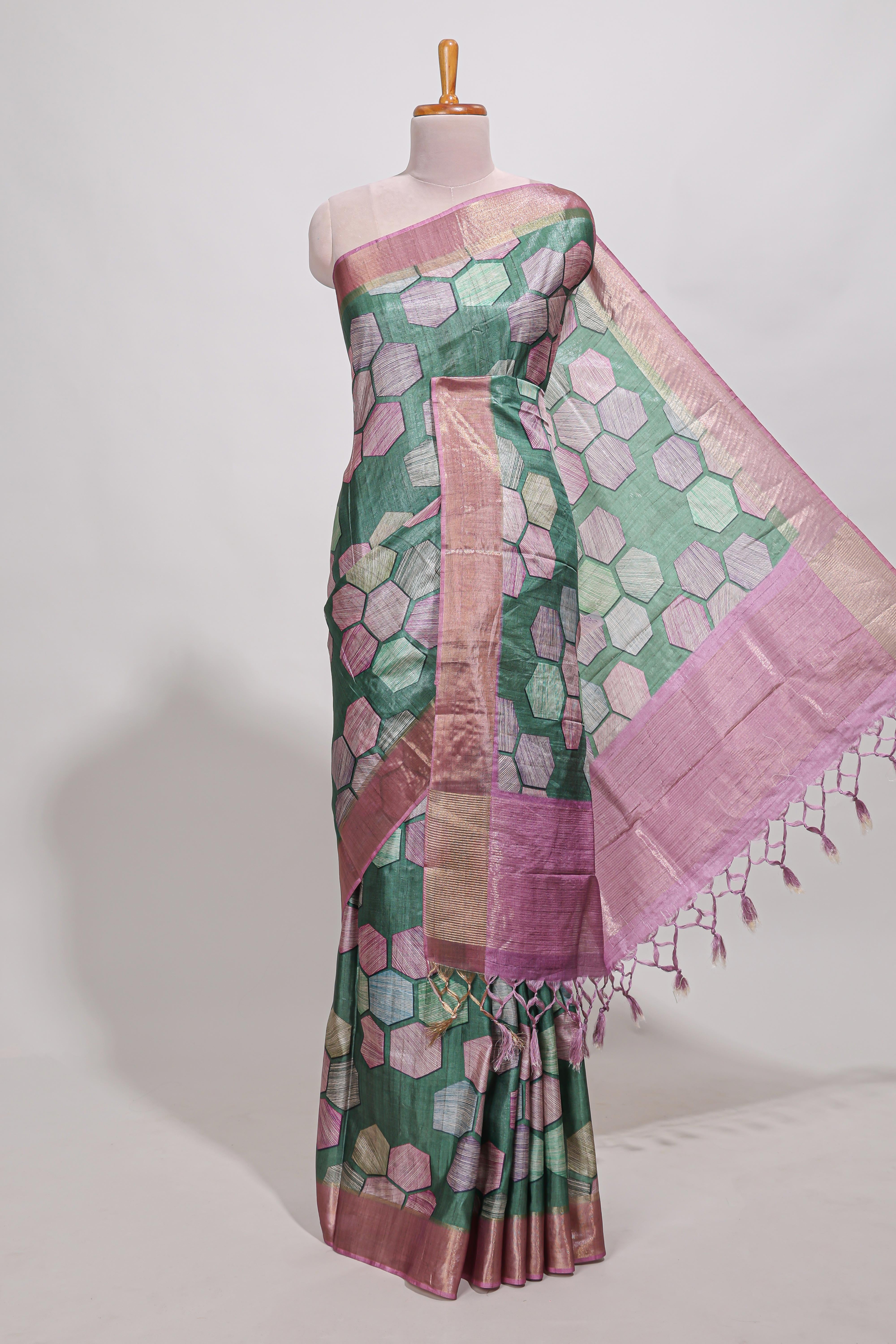 Green geometrical tussar silk saree multi coloured honeycomb geomatricpatterns ,rich matching pallu along with tussles