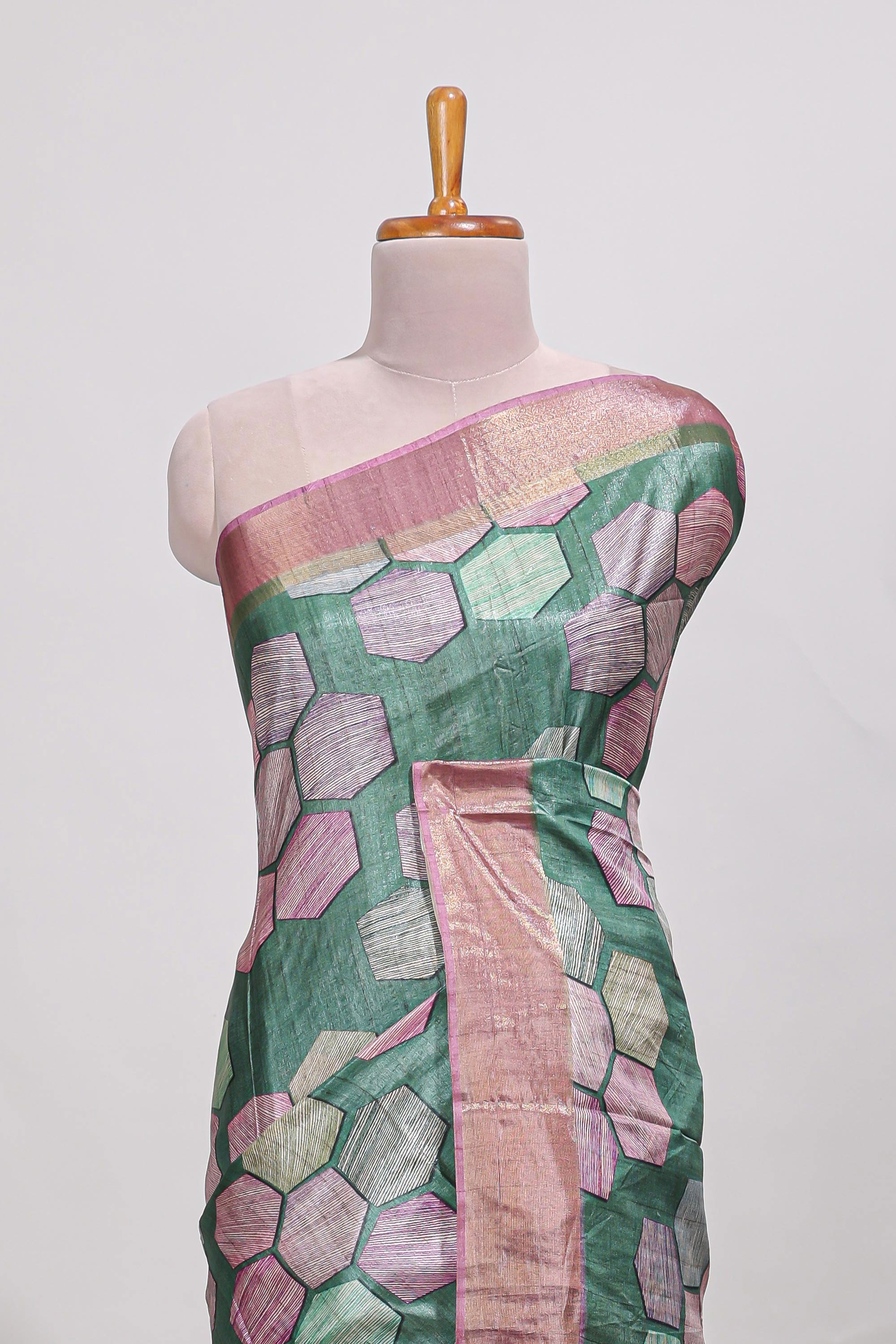 Green geometrical tussar silk saree multi coloured honeycomb geomatricpatterns ,rich matching pallu along with tussles