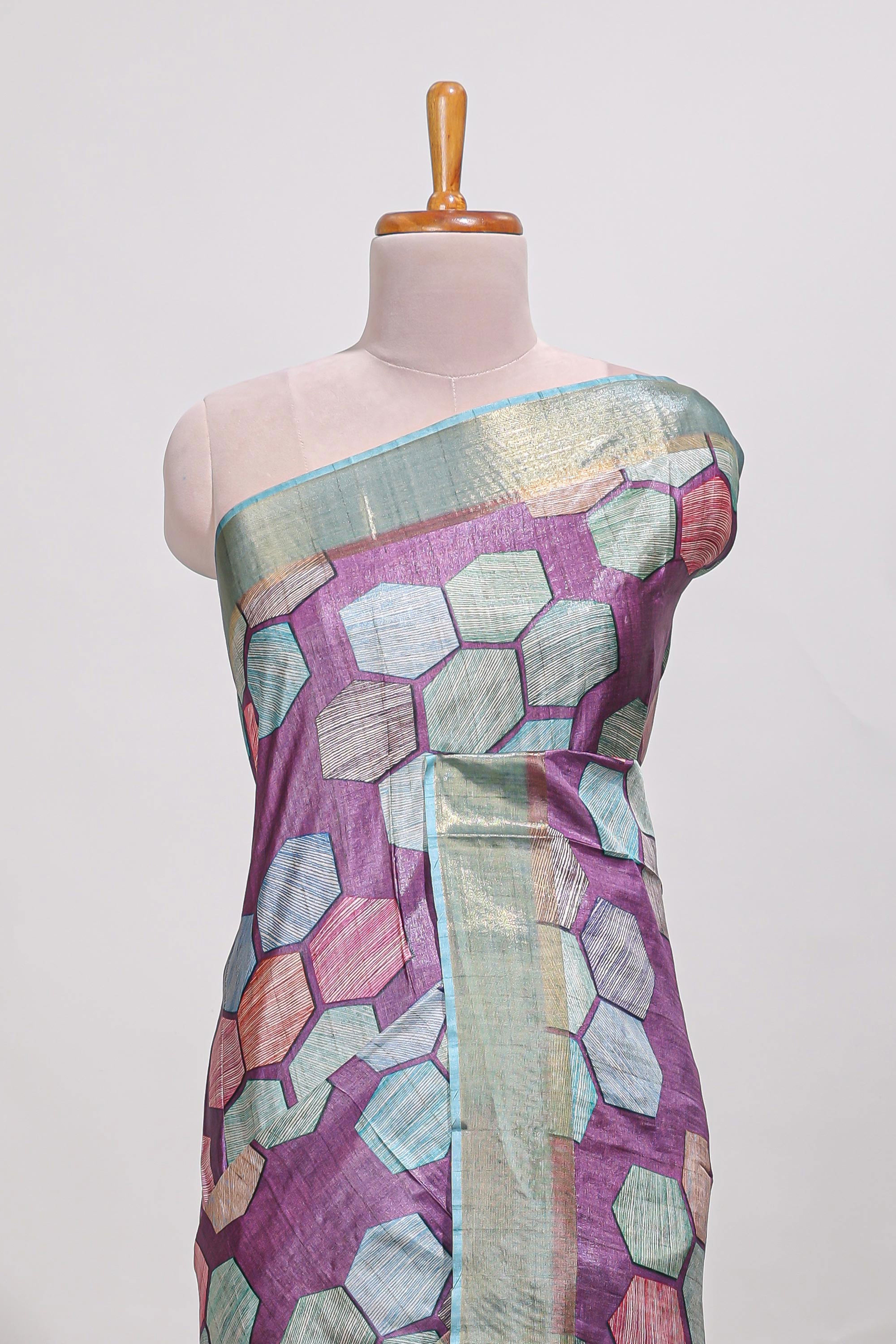Violet geometrical tussar silk saree multi coloured honeycomb geomatricpatterns ,rich matching pallu along with tassles