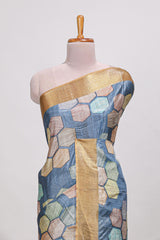 Blue geometrical tussar silk saree multi coloured honeycomb geomatricpatterns ,rich matching pallu along with tassles