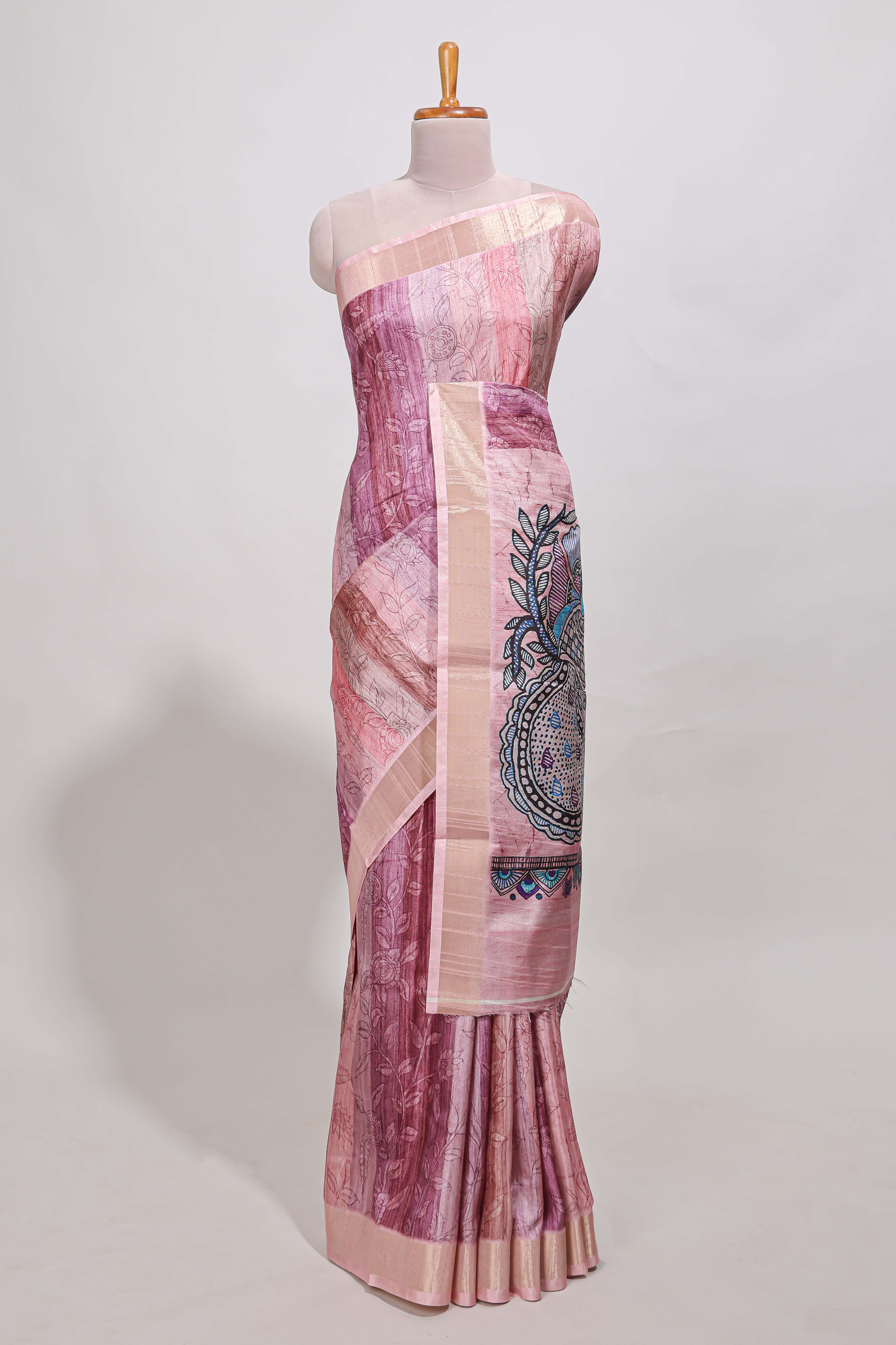 Onion pink kalamakri tussar saree body with floral creeper prints zari border and kalamkari peacock motif print pallu