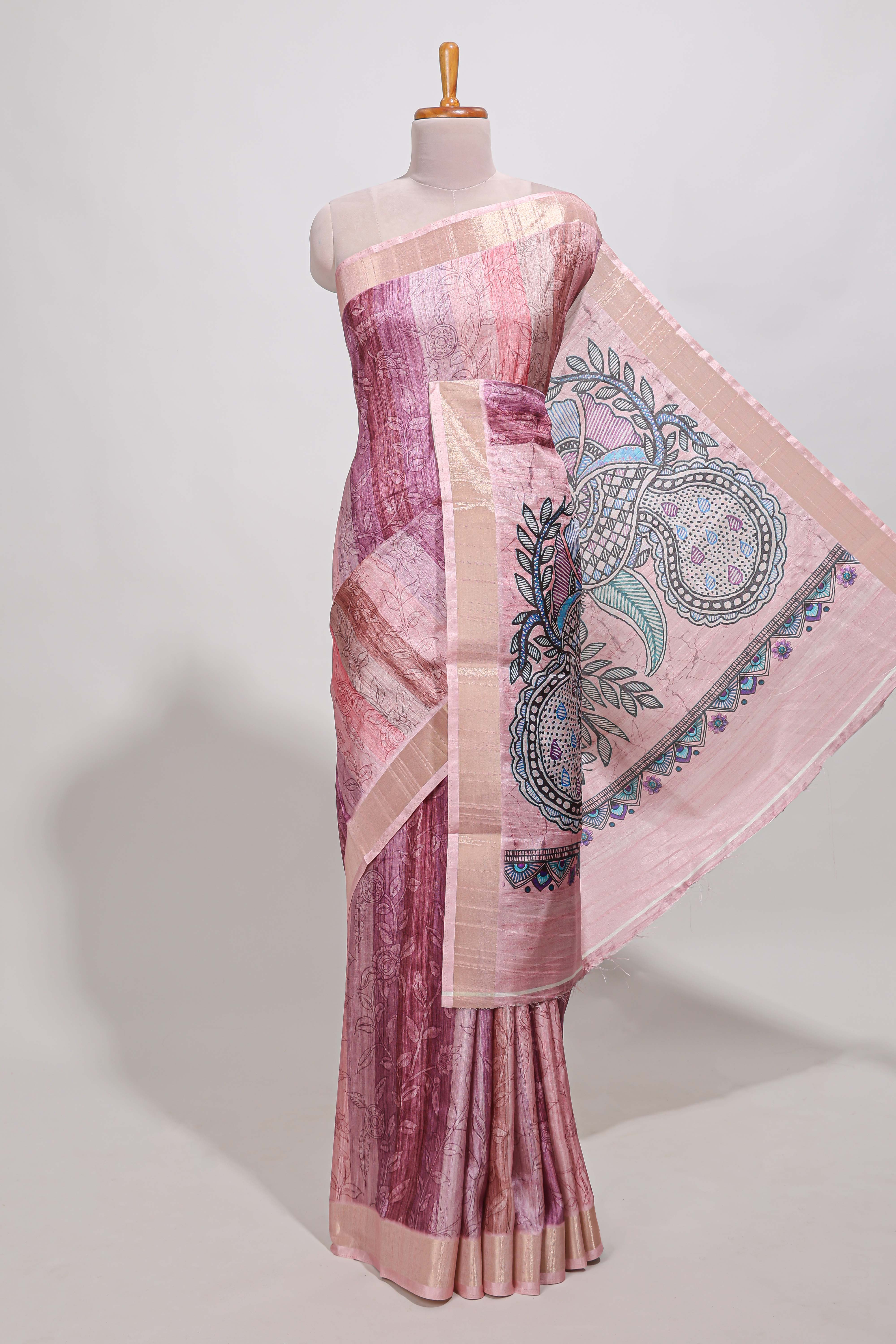 Onion pink kalamakri tussar saree body with floral creeper prints zari border and kalamkari peacock motif print pallu
