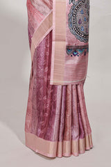 Onion pink kalamakri tussar saree body with floral creeper prints zari border and kalamkari peacock motif print pallu