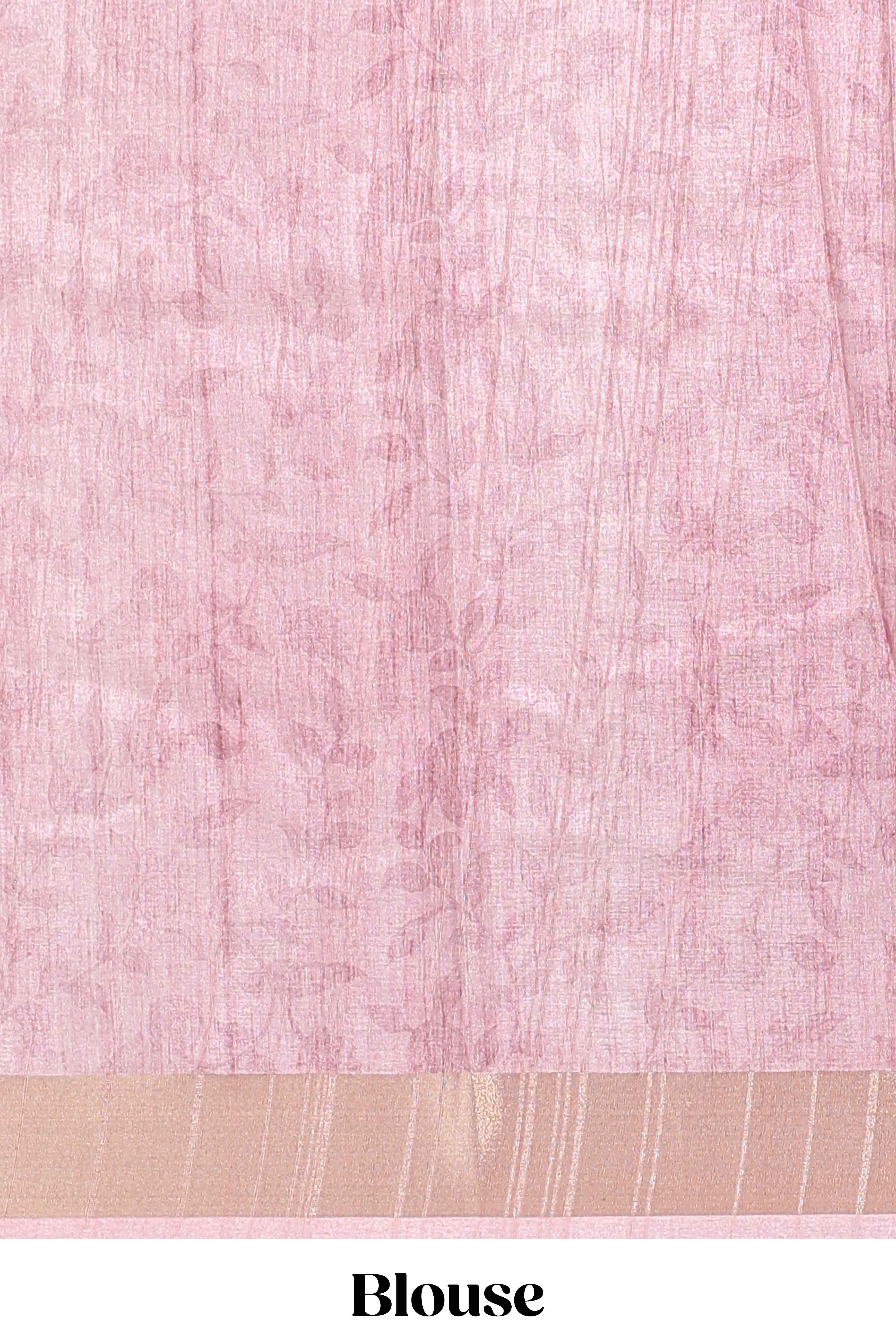 Onion pink kalamakri tussar saree body with floral creeper prints zari border and kalamkari peacock motif print pallu