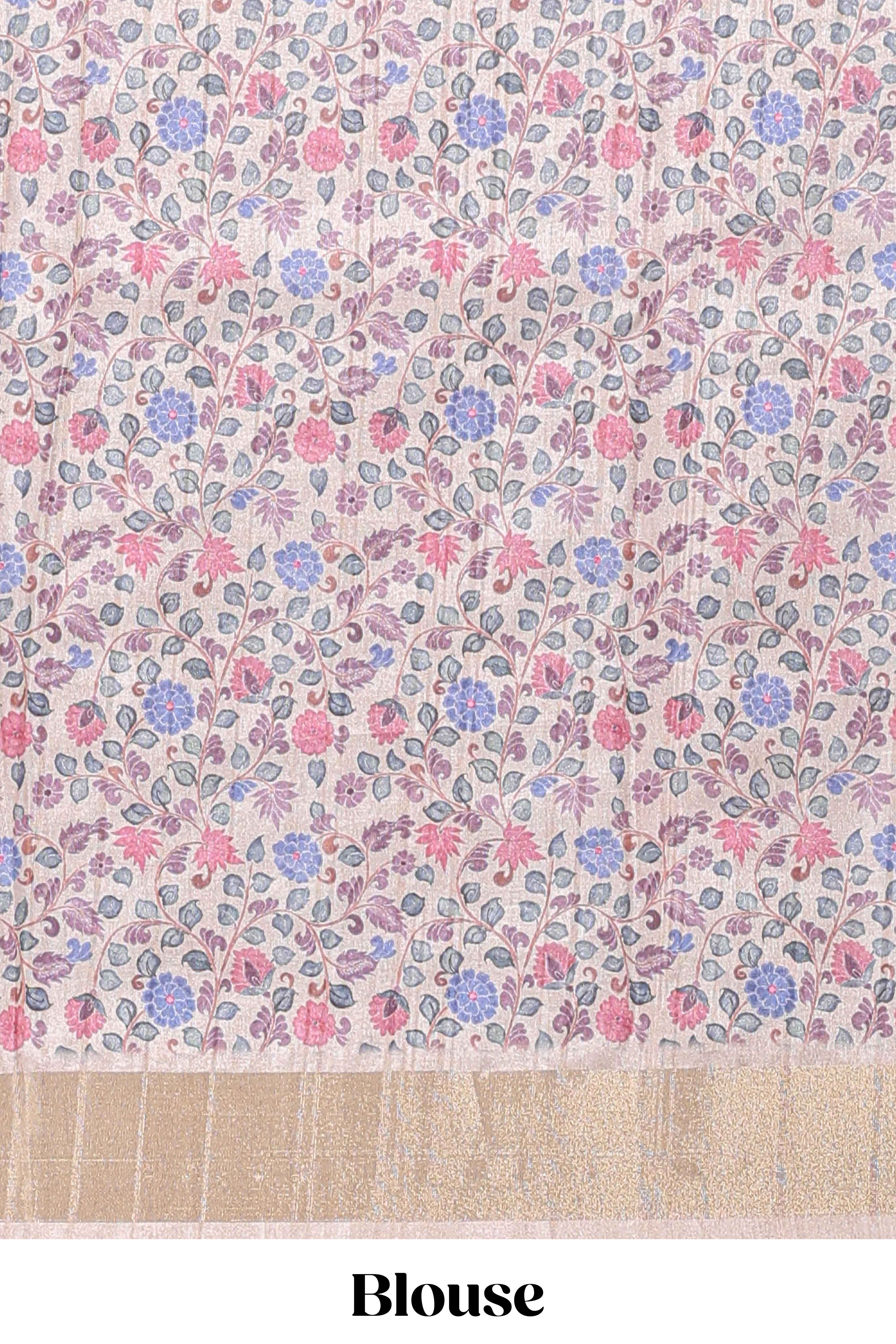 Sandle colour semi tussar saree with floral printed border and floral printed self blouse