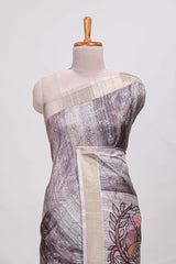 Multi colour kalamakri tussar saree body with floral creeper prints zari border and kalamkari peacock motif print pallu