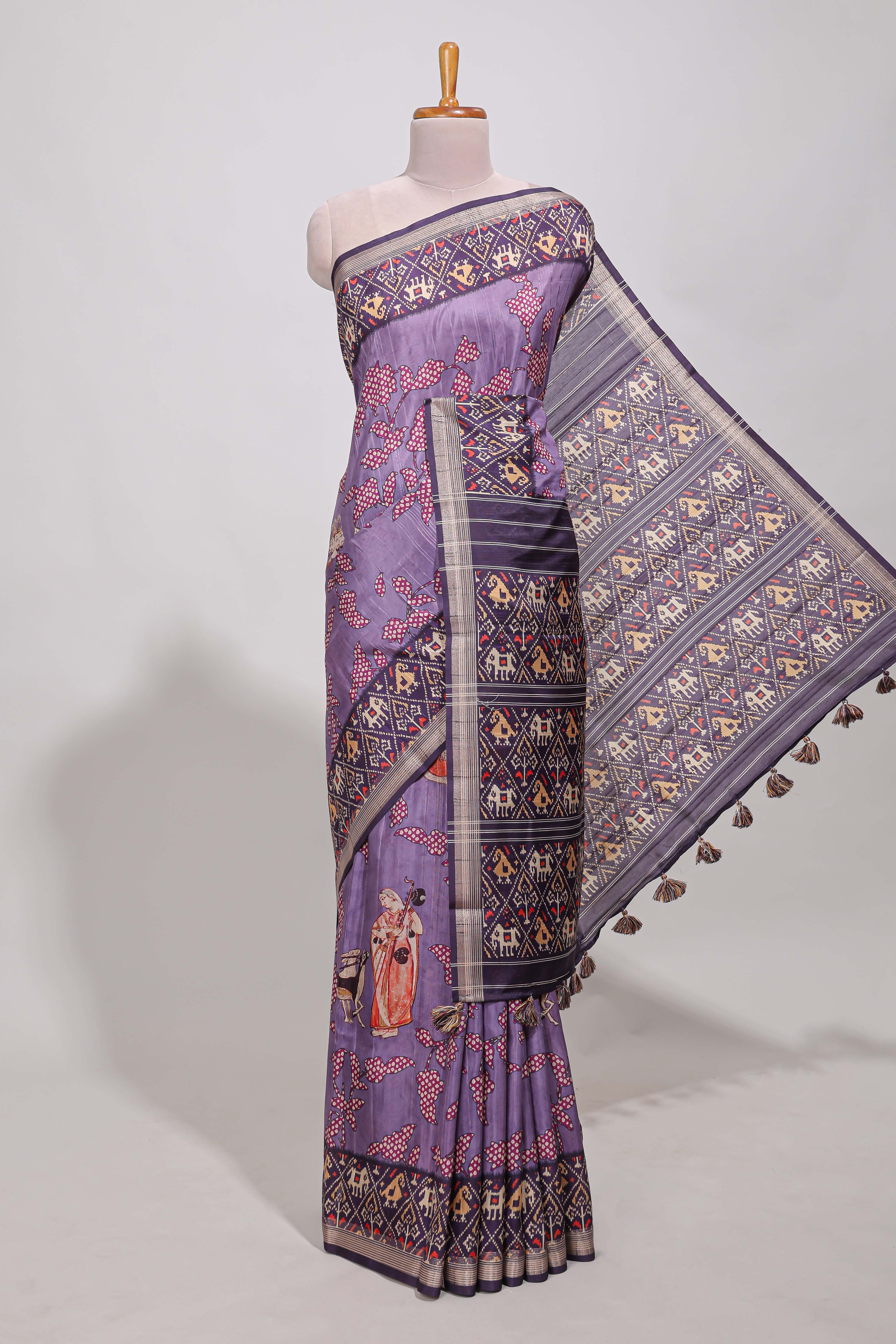 Violetpatola and pichwai tussar saree zari bordergeomatricmatching pallu along with tussels
