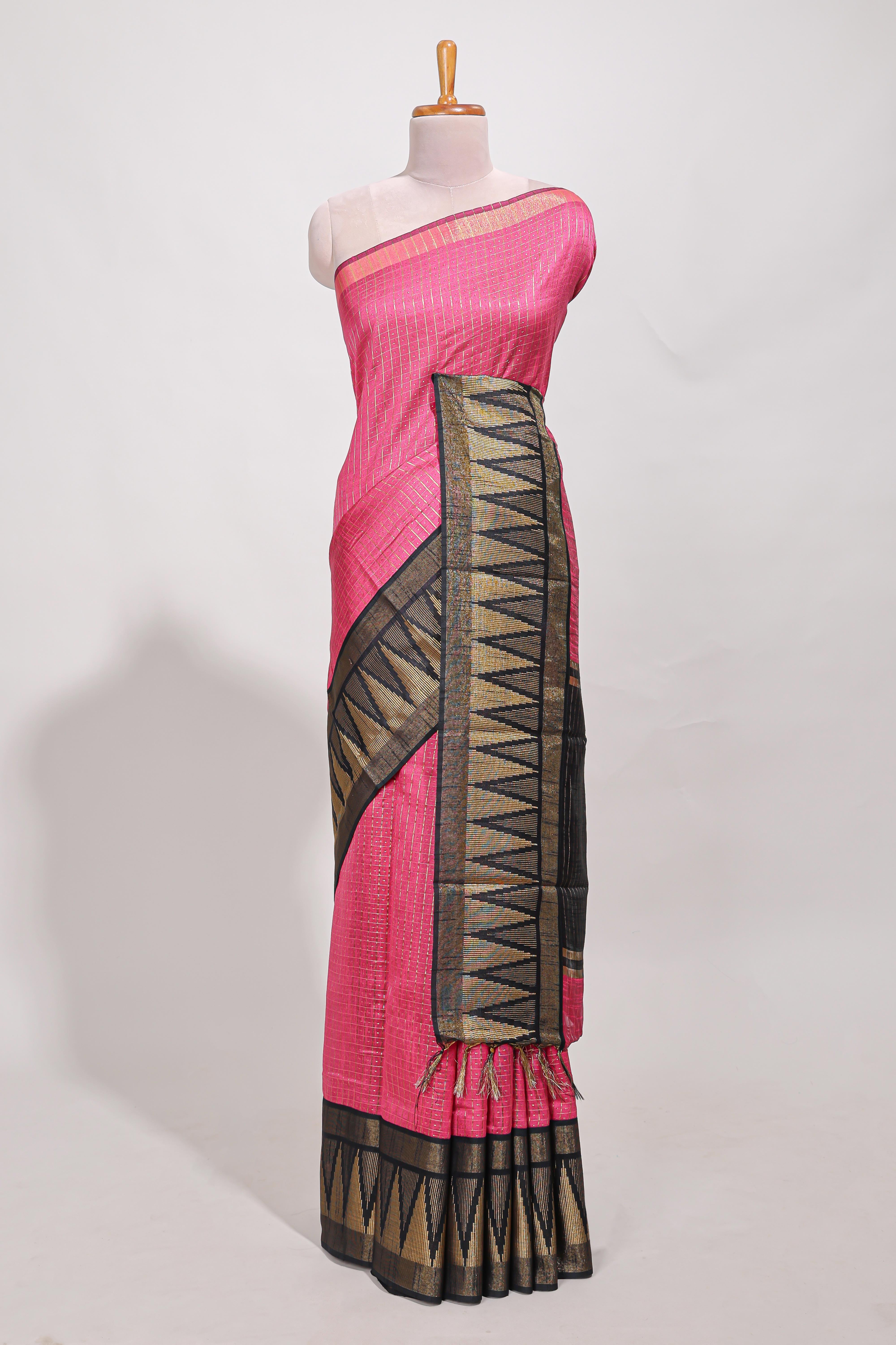 Bright pink semi tussar sareeall-over fine checked zari with border geometric zig-zag metallic weaving and contrast blouse