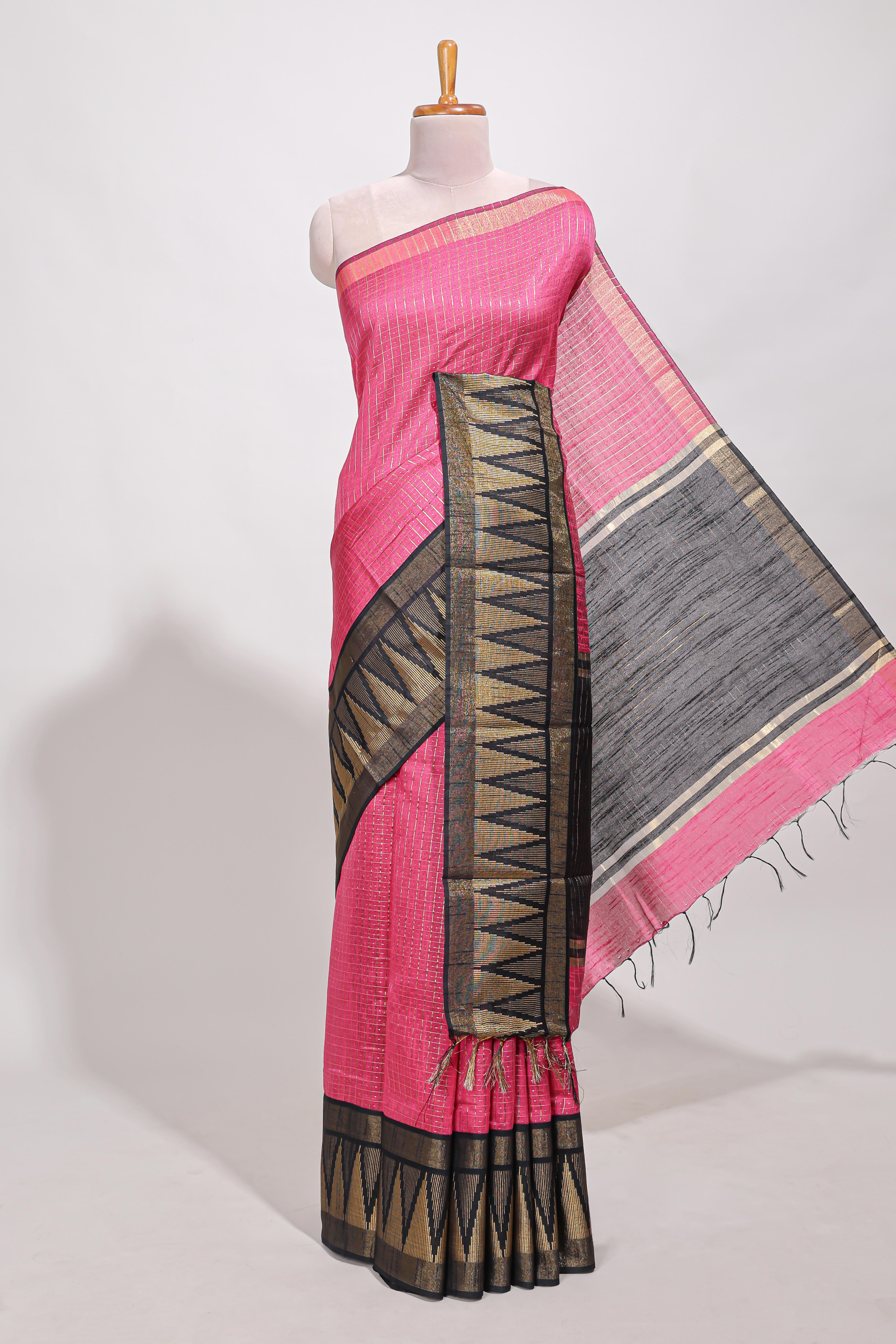 Bright pink semi tussar sareeall-over fine checked zari with border geometric zig-zag metallic weaving and contrast blouse
