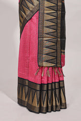 Bright pink semi tussar sareeall-over fine checked zari with border geometric zig-zag metallic weaving and contrast blouse