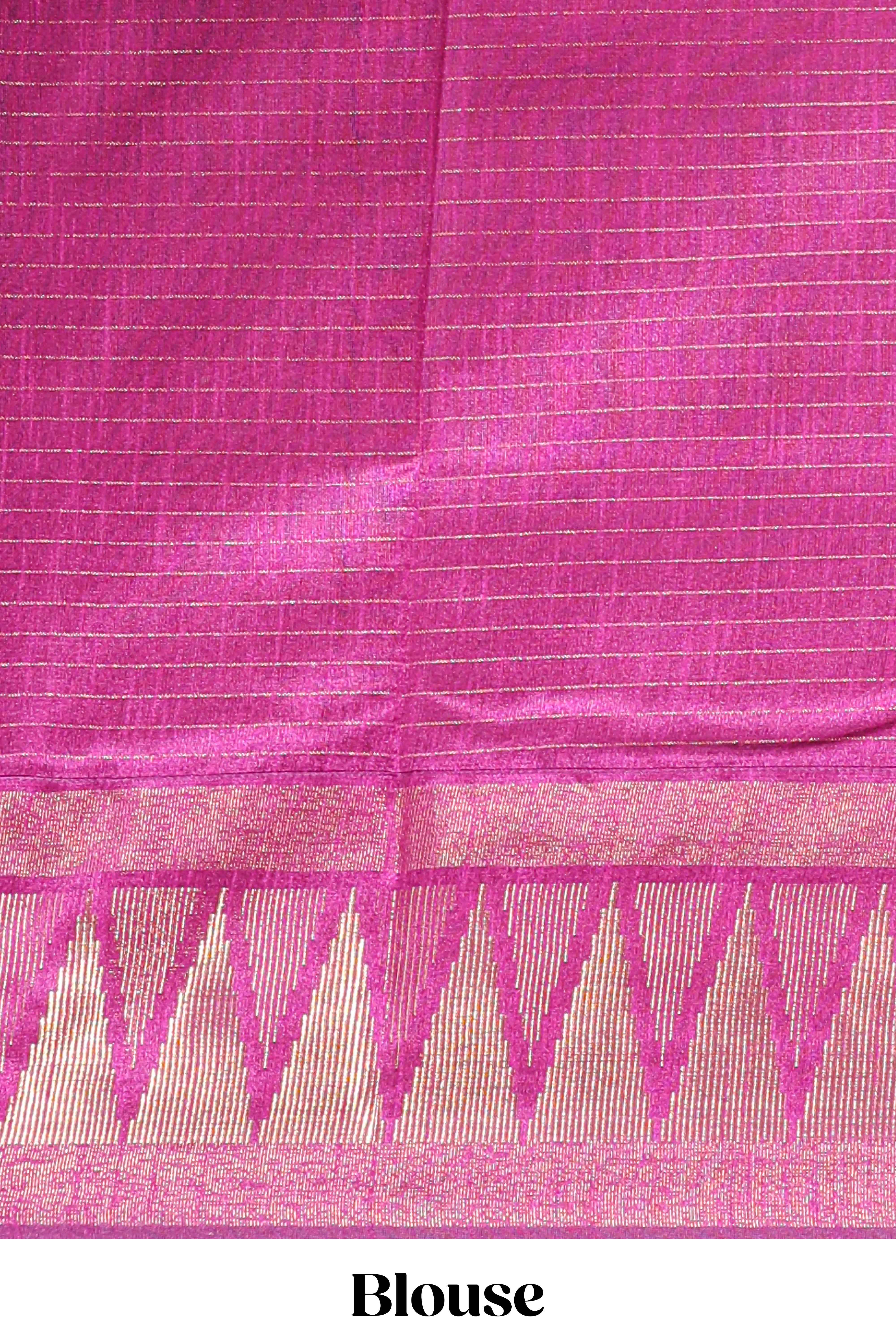 Peach semi tussar sareeall-over fine checked zari with border geometric zig-zag metallic weaving and contrast blouse