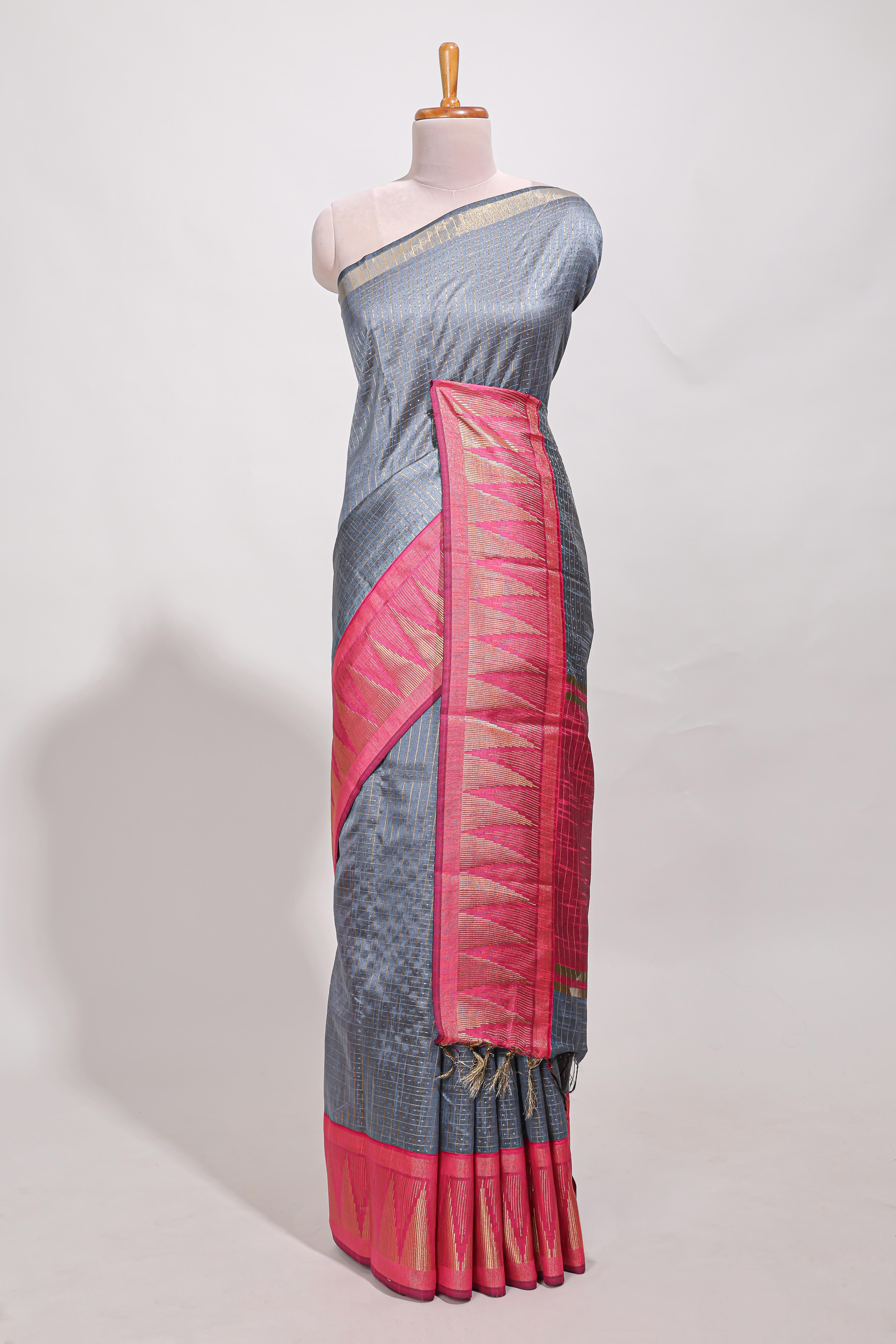 Gray semi tussar sareeall-over fine checked zari with border geometric zig-zag metallic weaving and contrast blouse
