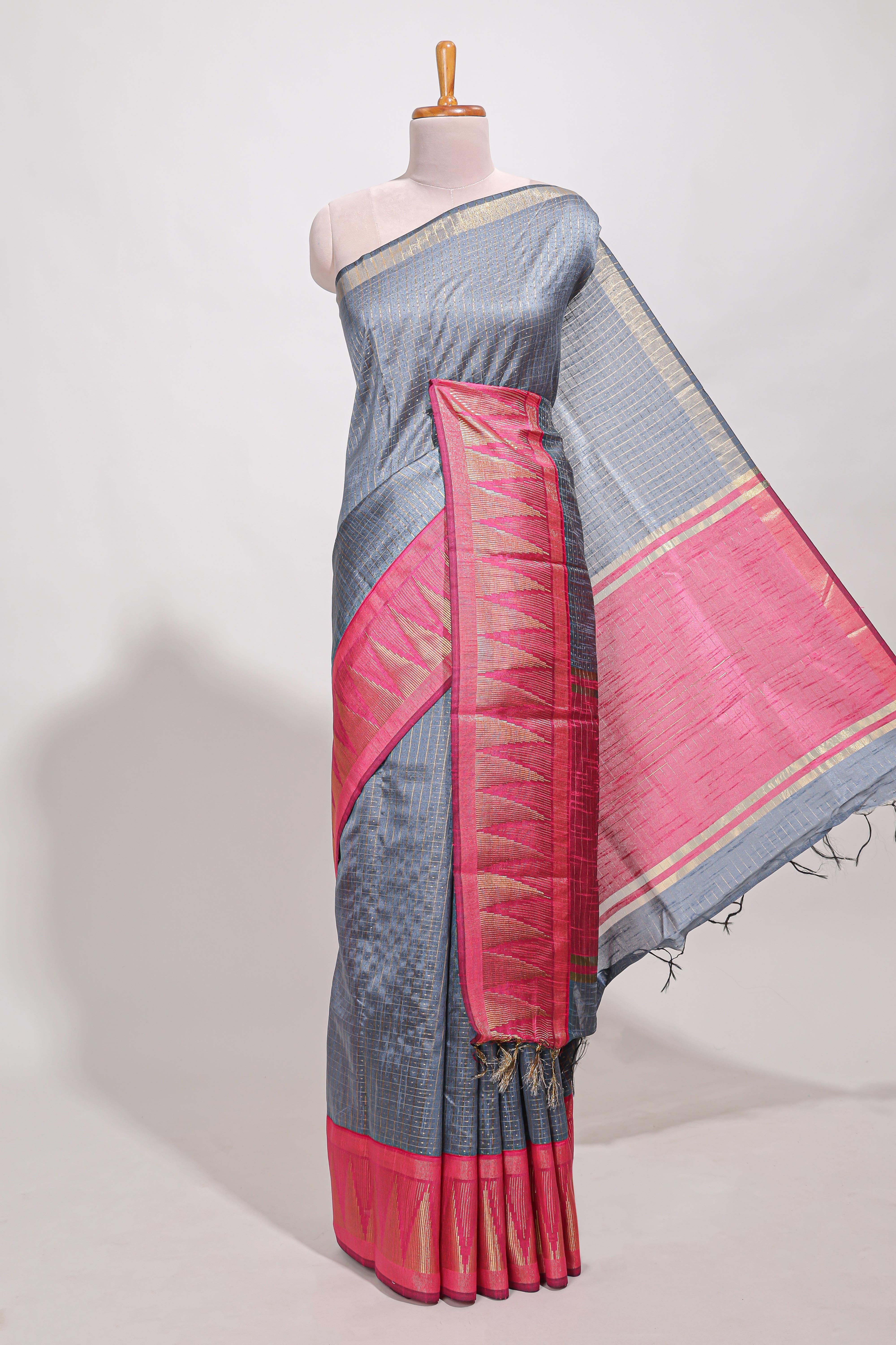 Gray semi tussar sareeall-over fine checked zari with border geometric zig-zag metallic weaving and contrast blouse