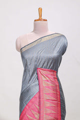 Gray semi tussar sareeall-over fine checked zari with border geometric zig-zag metallic weaving and contrast blouse