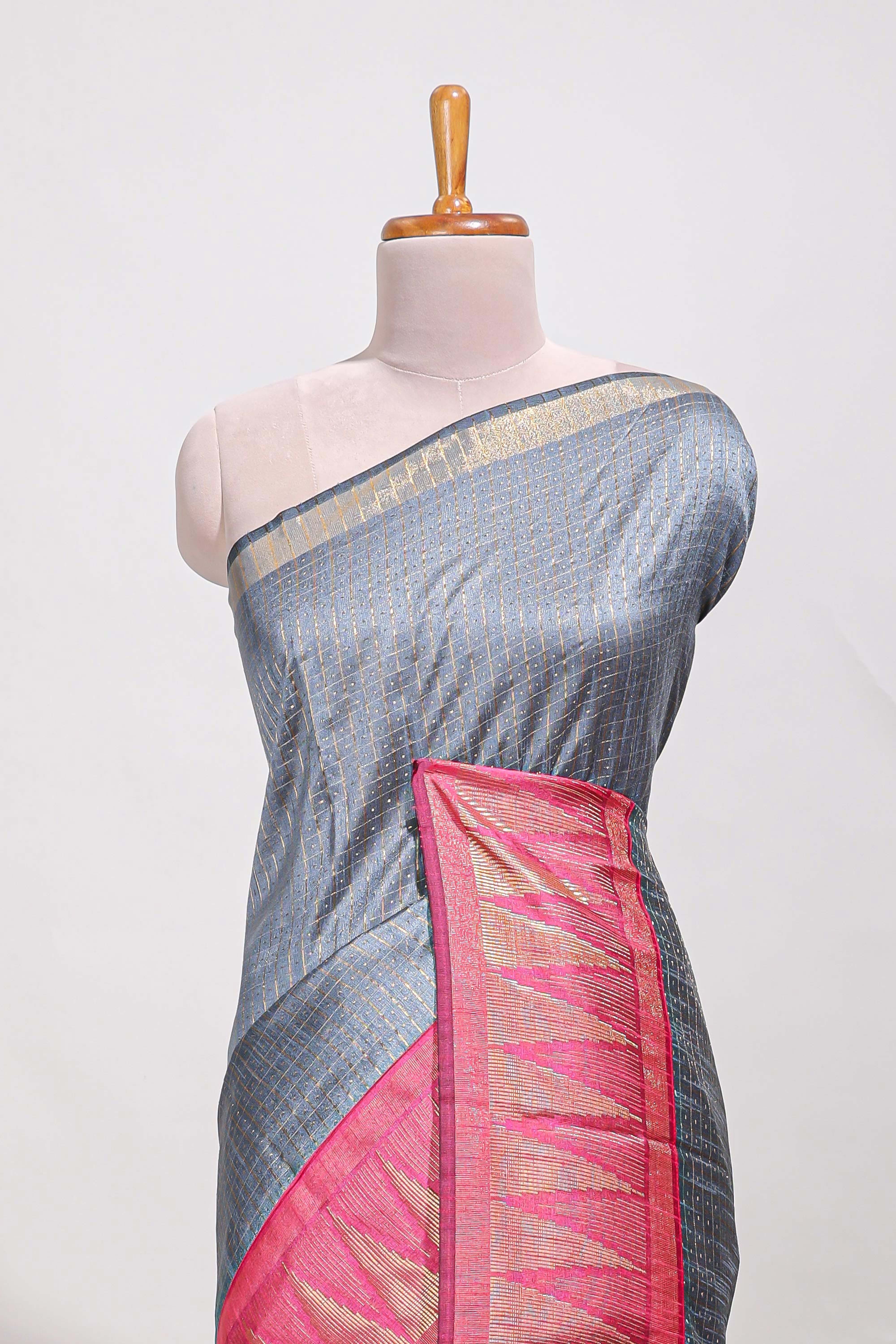 Gray semi tussar sareeall-over fine checked zari with border geometric zig-zag metallic weaving and contrast blouse