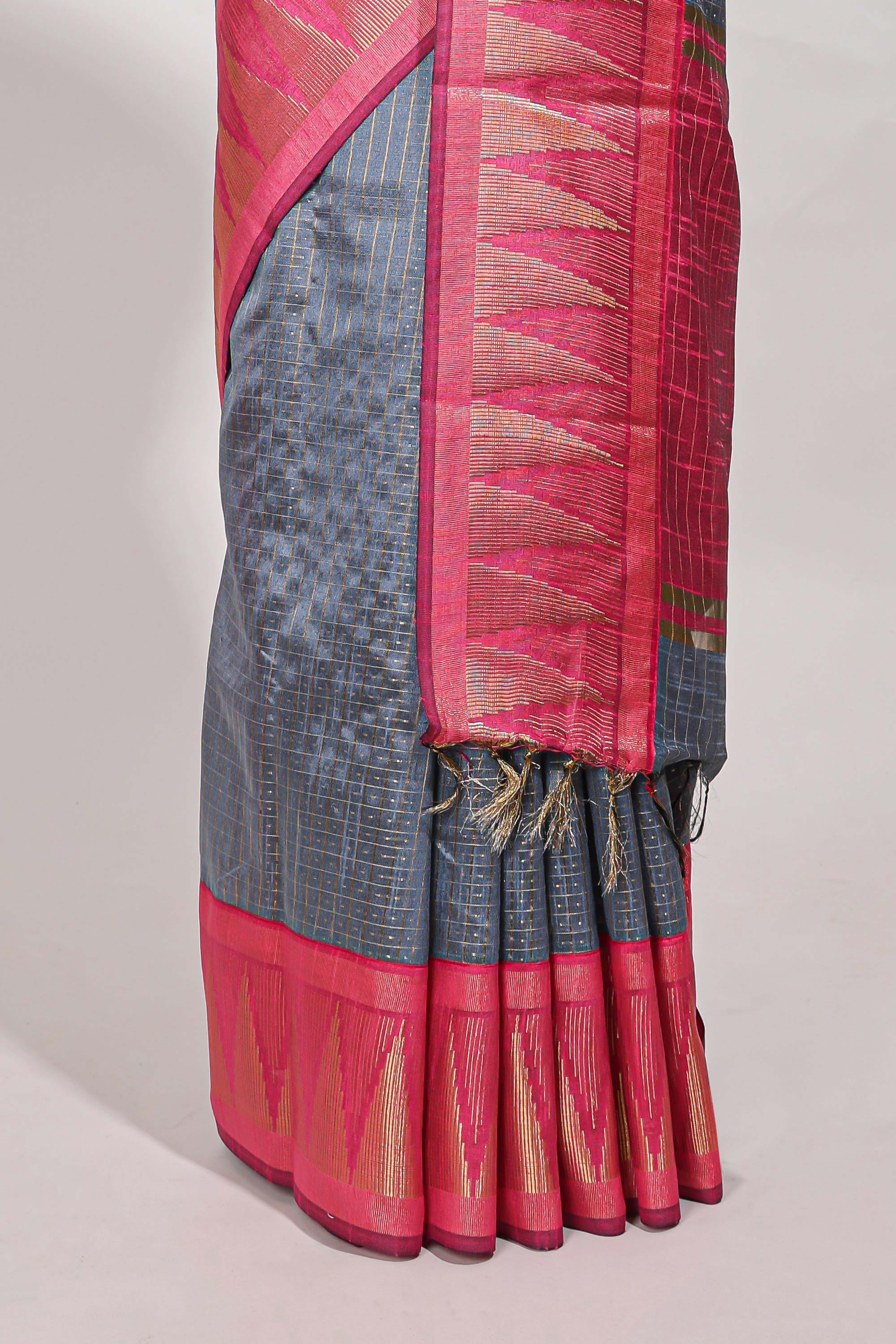Gray semi tussar sareeall-over fine checked zari with border geometric zig-zag metallic weaving and contrast blouse