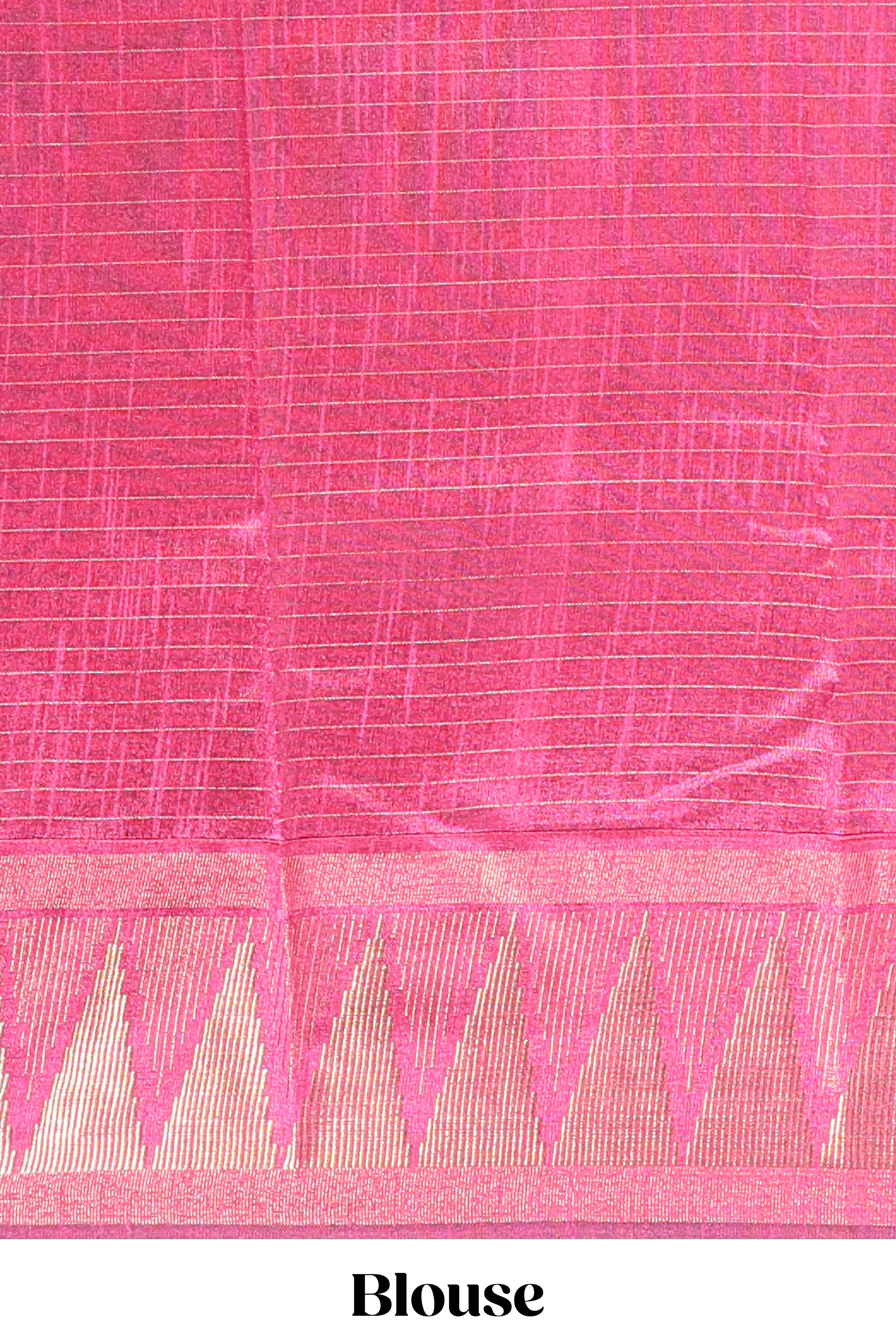Gray semi tussar sareeall-over fine checked zari with border geometric zig-zag metallic weaving and contrast blouse