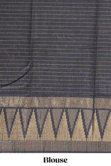 Yellow semi tussar sareeall-over fine checked zari with border geometric zig-zag metallic weaving and contrast blouse