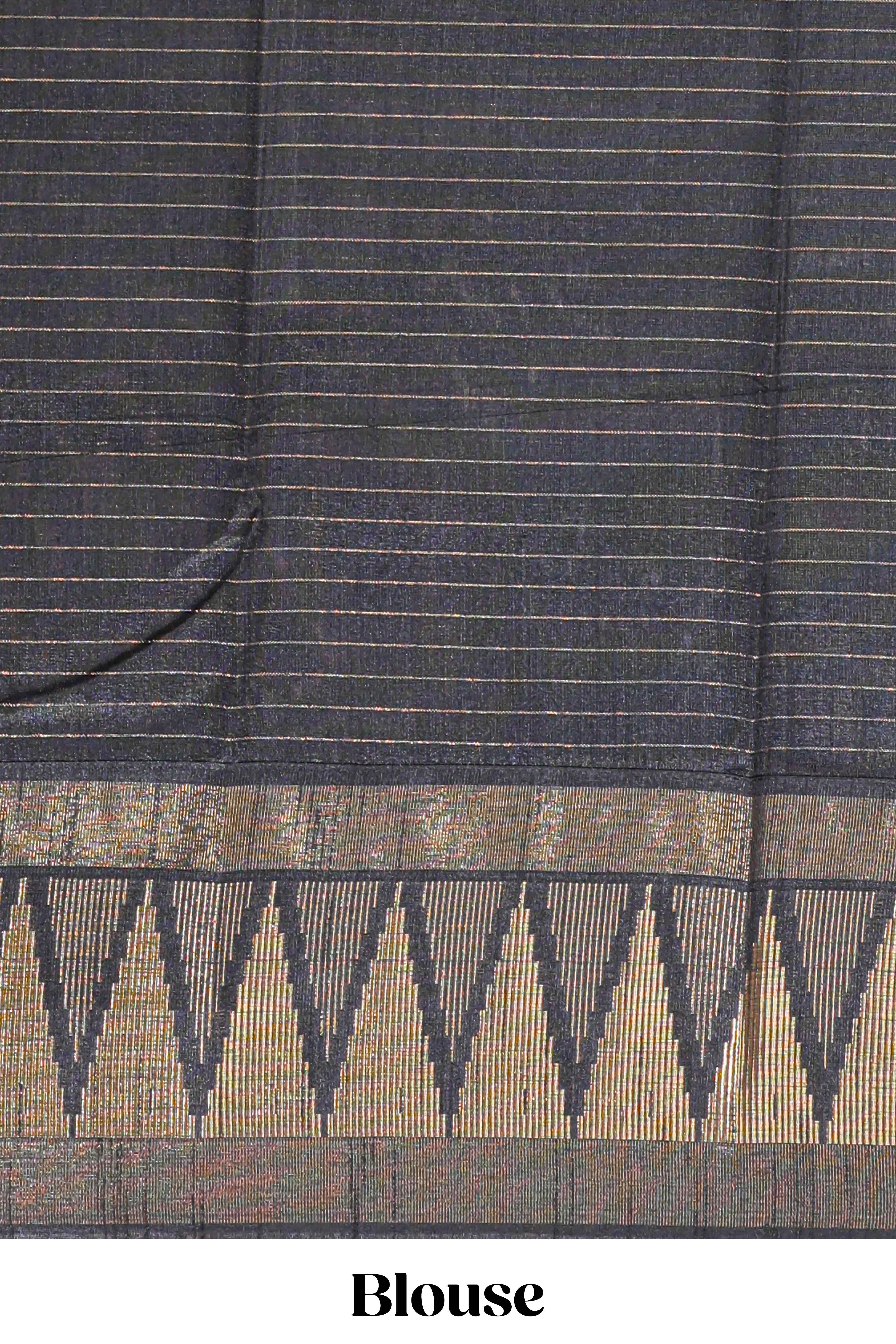Yellow semi tussar sareeall-over fine checked zari with border geometric zig-zag metallic weaving and contrast blouse