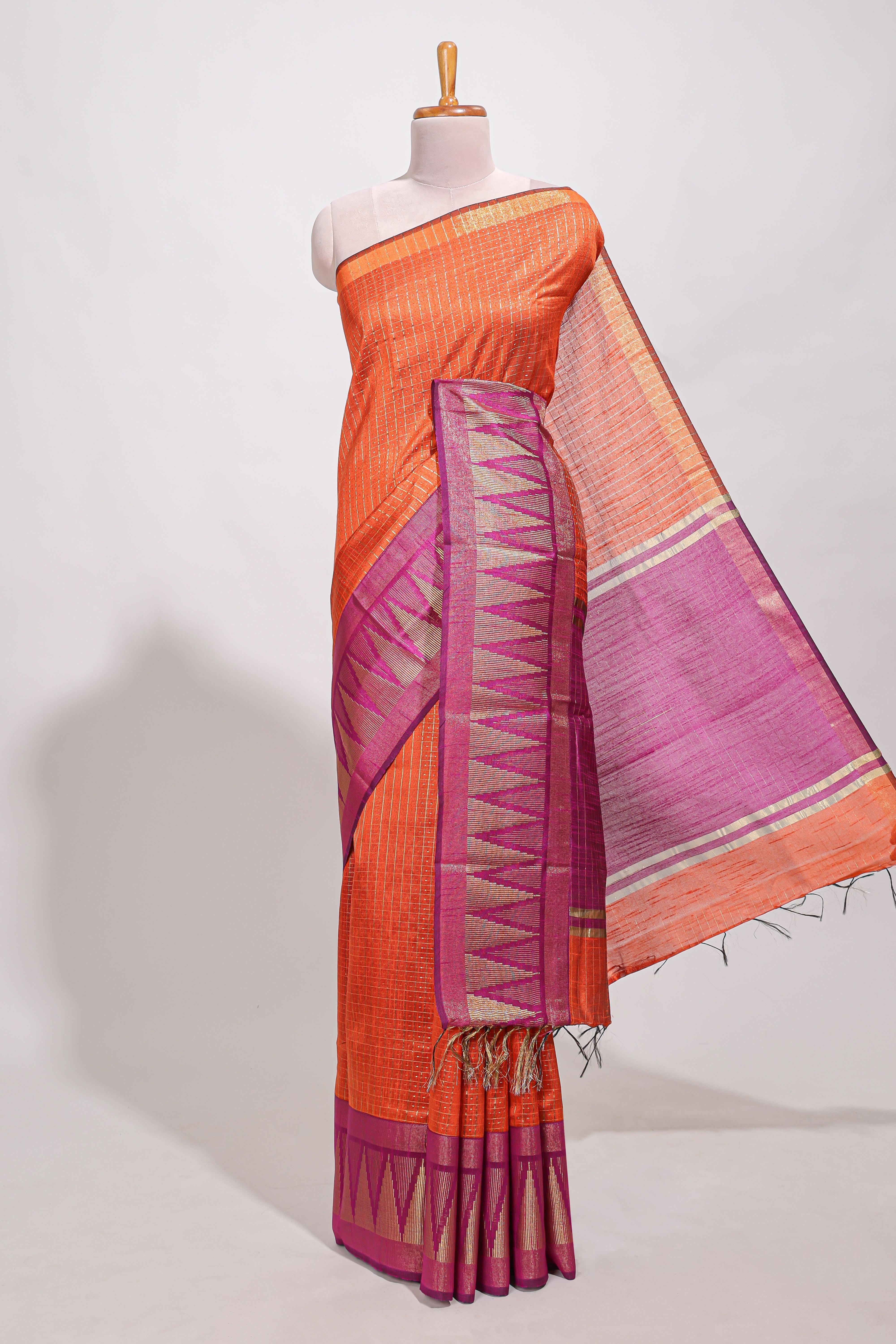 Orange semi tussar sareeall-over fine checked zari with border geometric zig-zag metallic weaving and contrast blouse