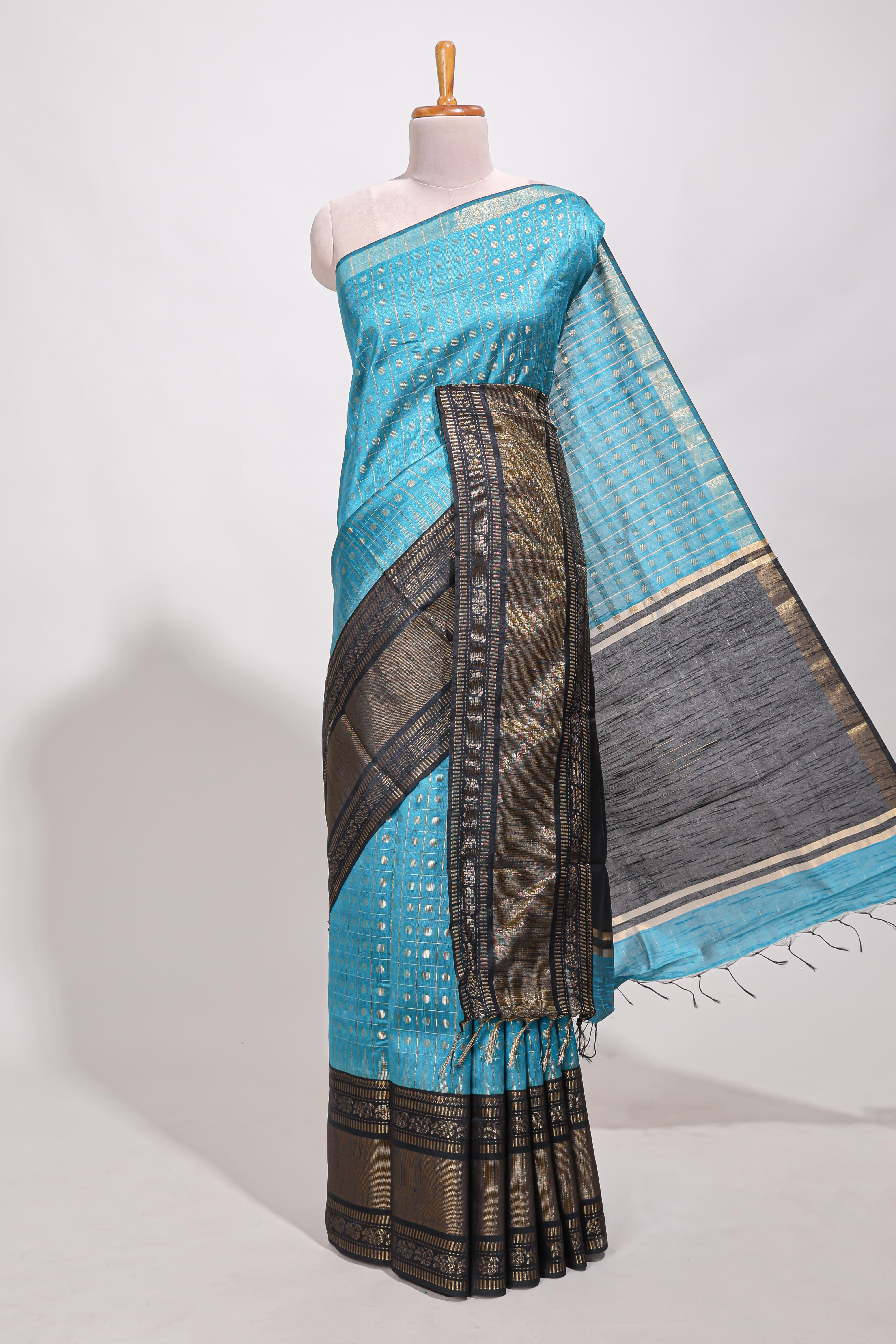 Blue silk body golden zari butta pattern and Broad golden zari border with contrast blouse