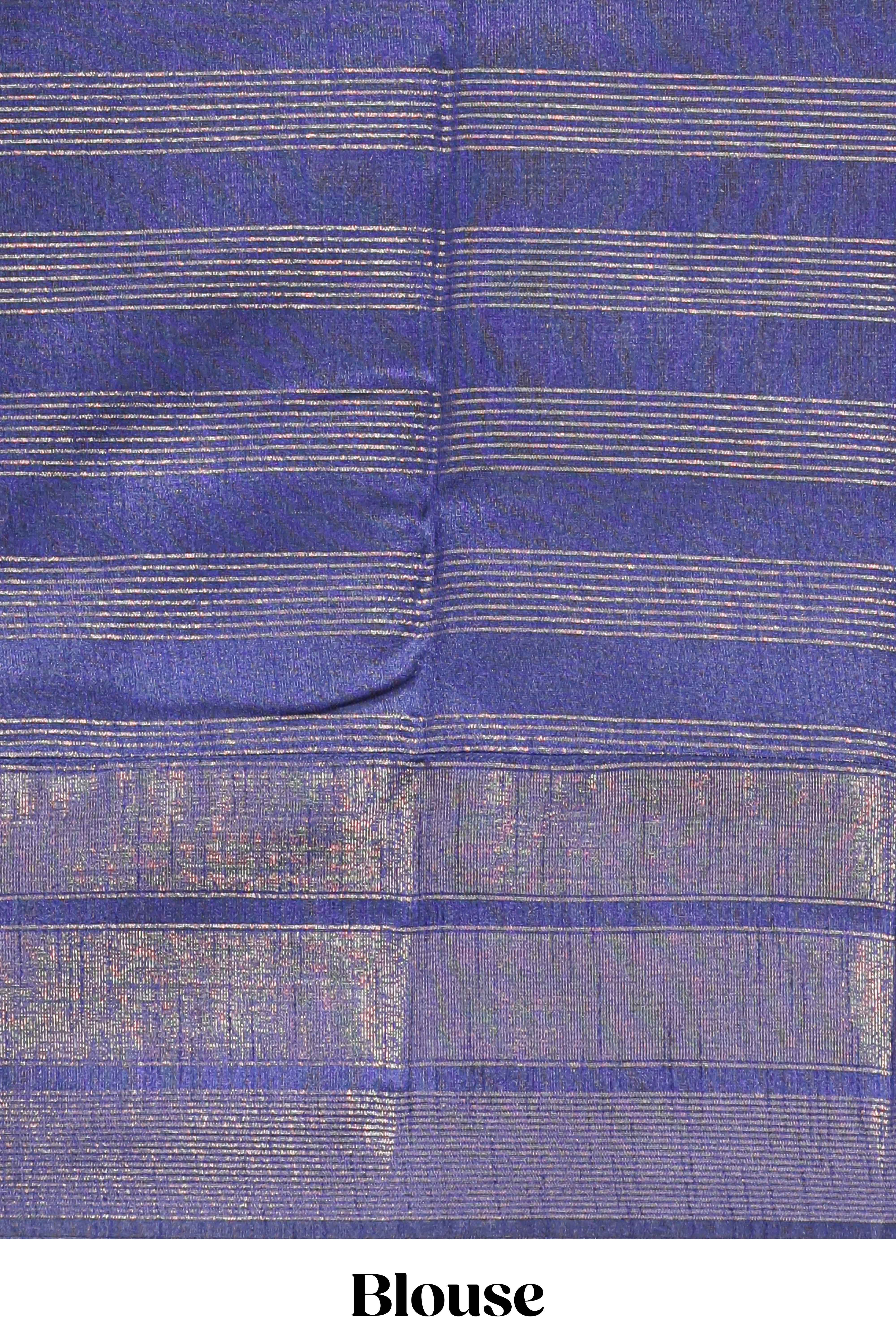 Powder blue silk body golden zari striped pattern and Broad golden zari border with contrast blouse
