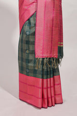 Dark green silk body golden zari butta striped pattern and Broad golden zari border with contrast blouse