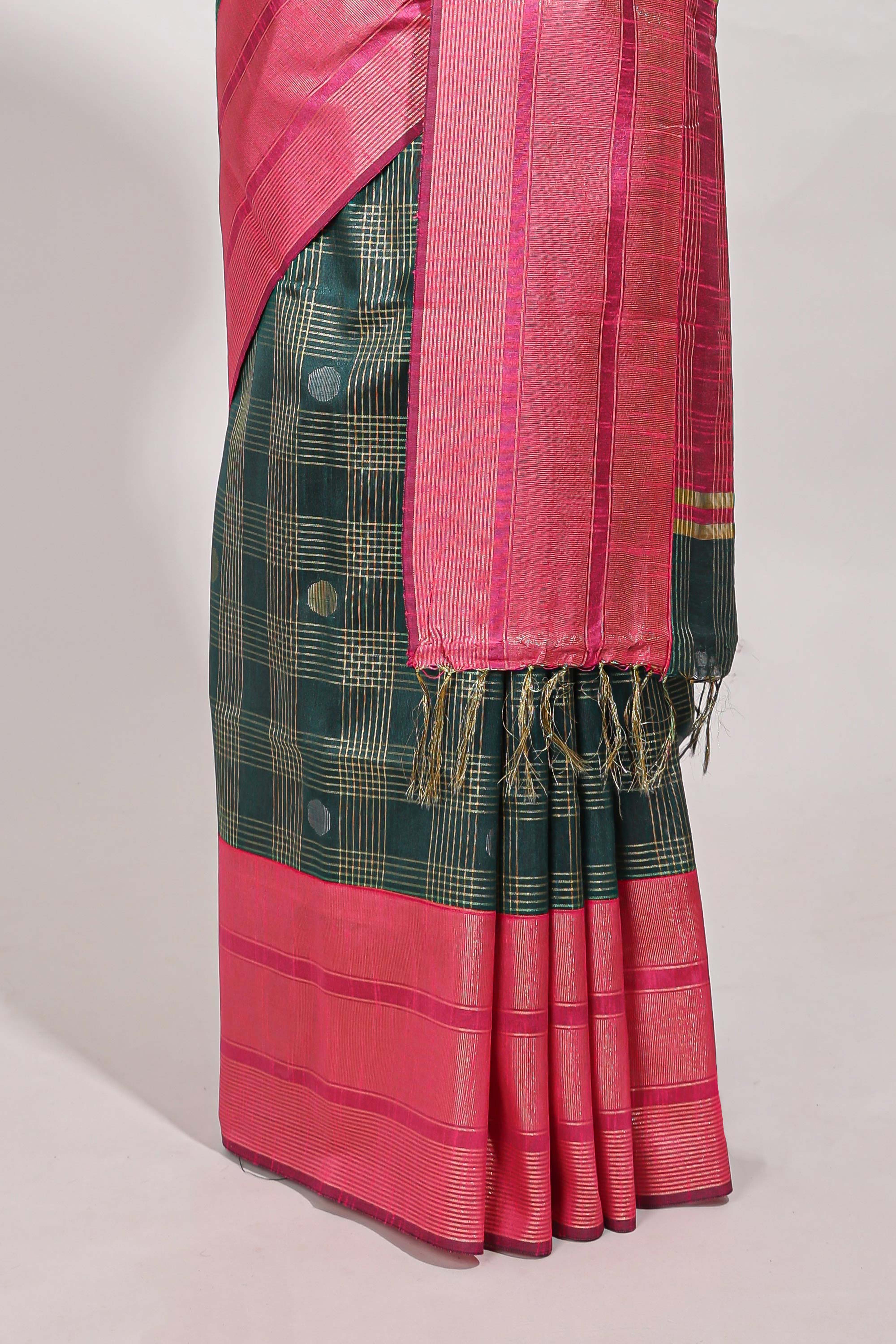 Dark green silk body golden zari butta striped pattern and Broad golden zari border with contrast blouse