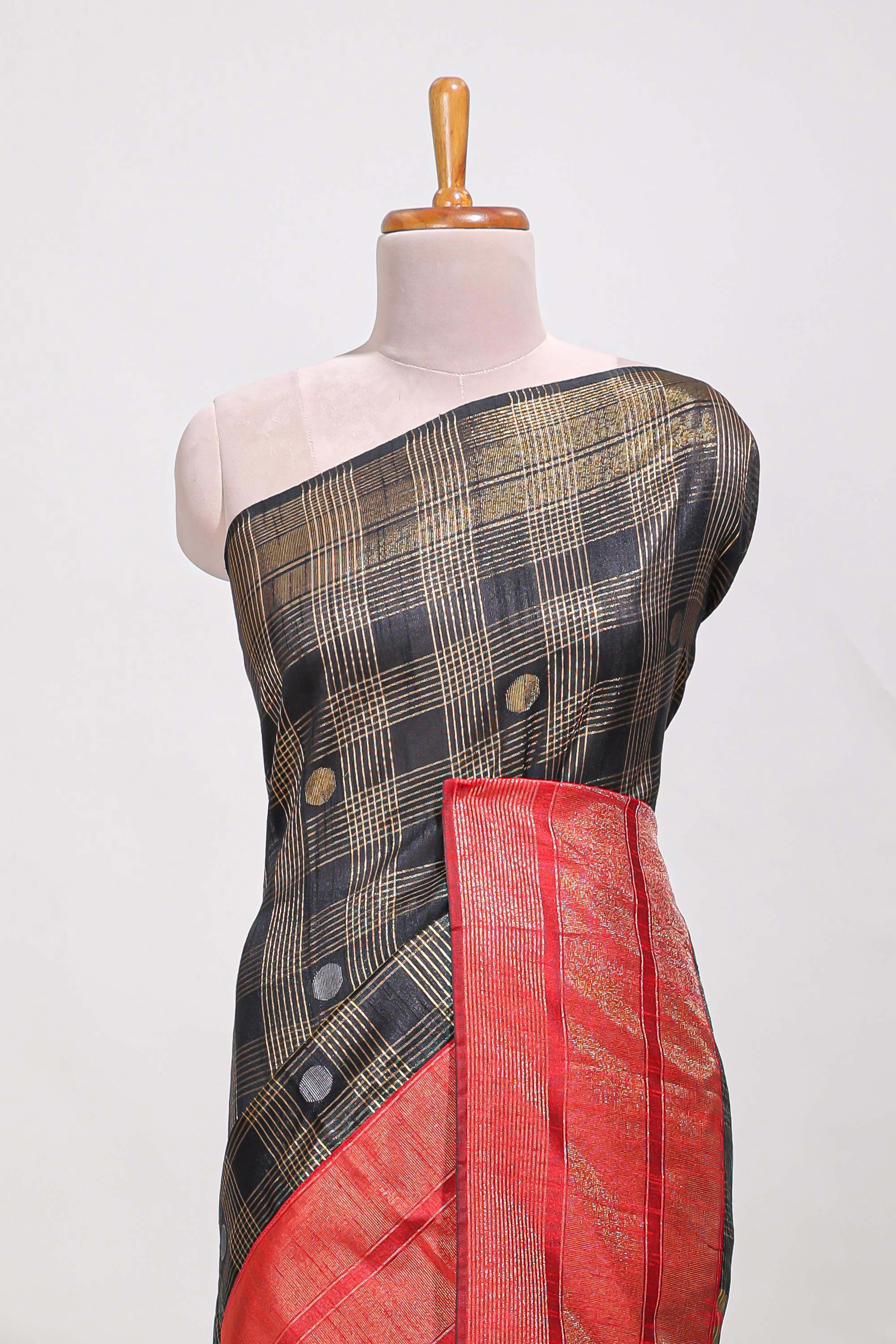 Black silk body golden zari butta striped pattern and Broad golden zari border with contrast blouse