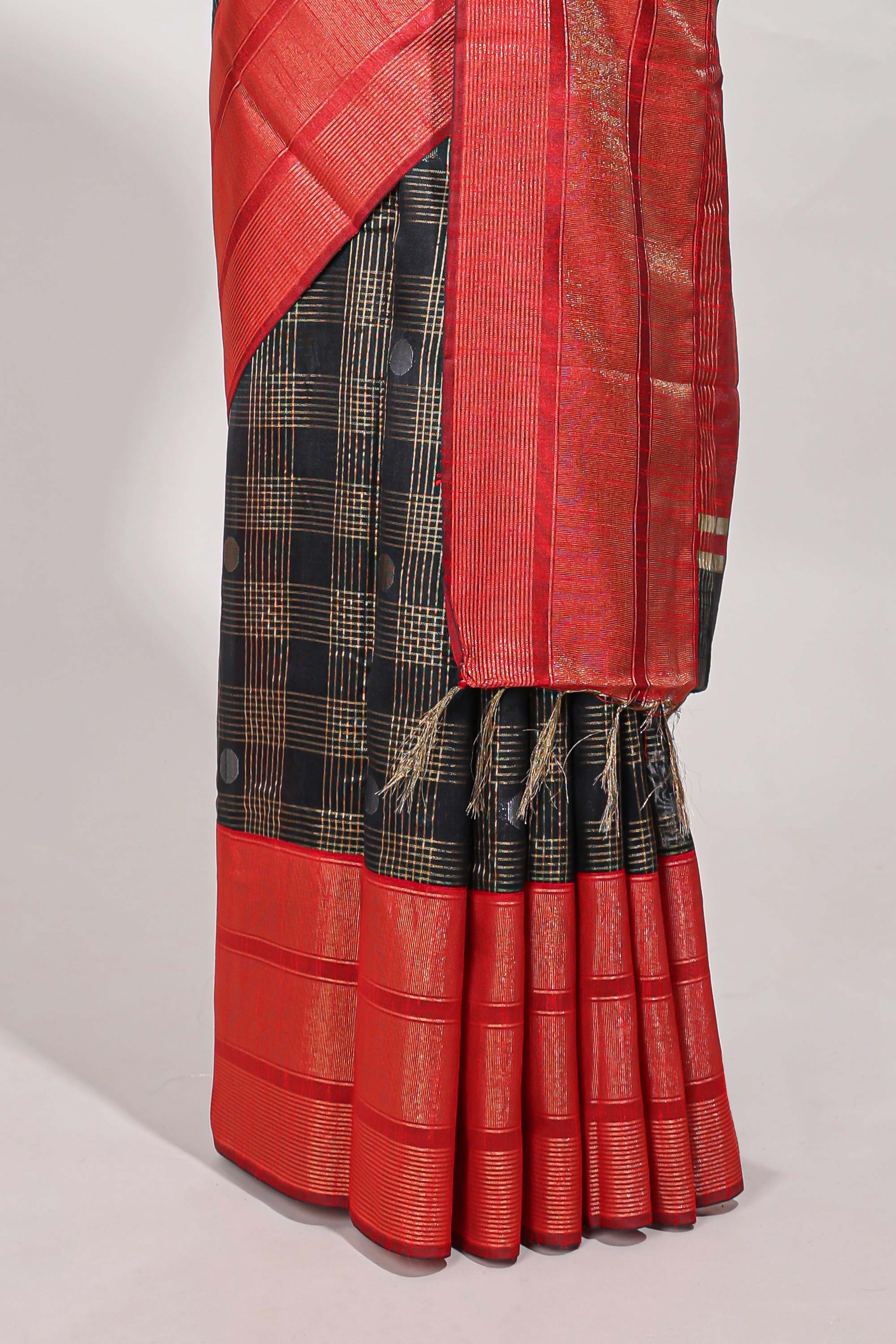 Black silk body golden zari butta striped pattern and Broad golden zari border with contrast blouse