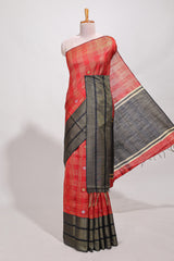 Red silk body golden zari butta striped pattern and Broad golden zari border with contrast blouse