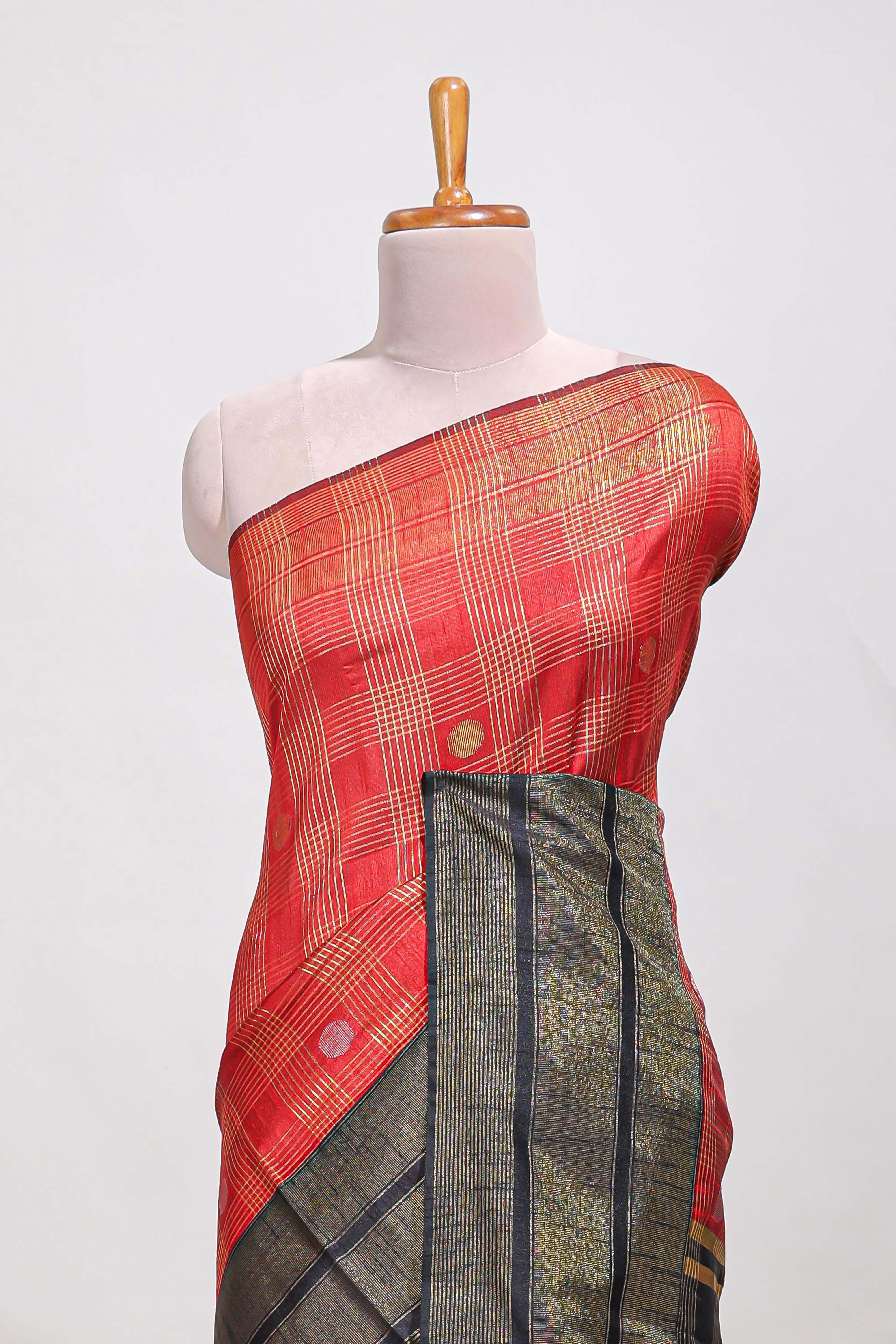 Red silk body golden zari butta striped pattern and Broad golden zari border with contrast blouse