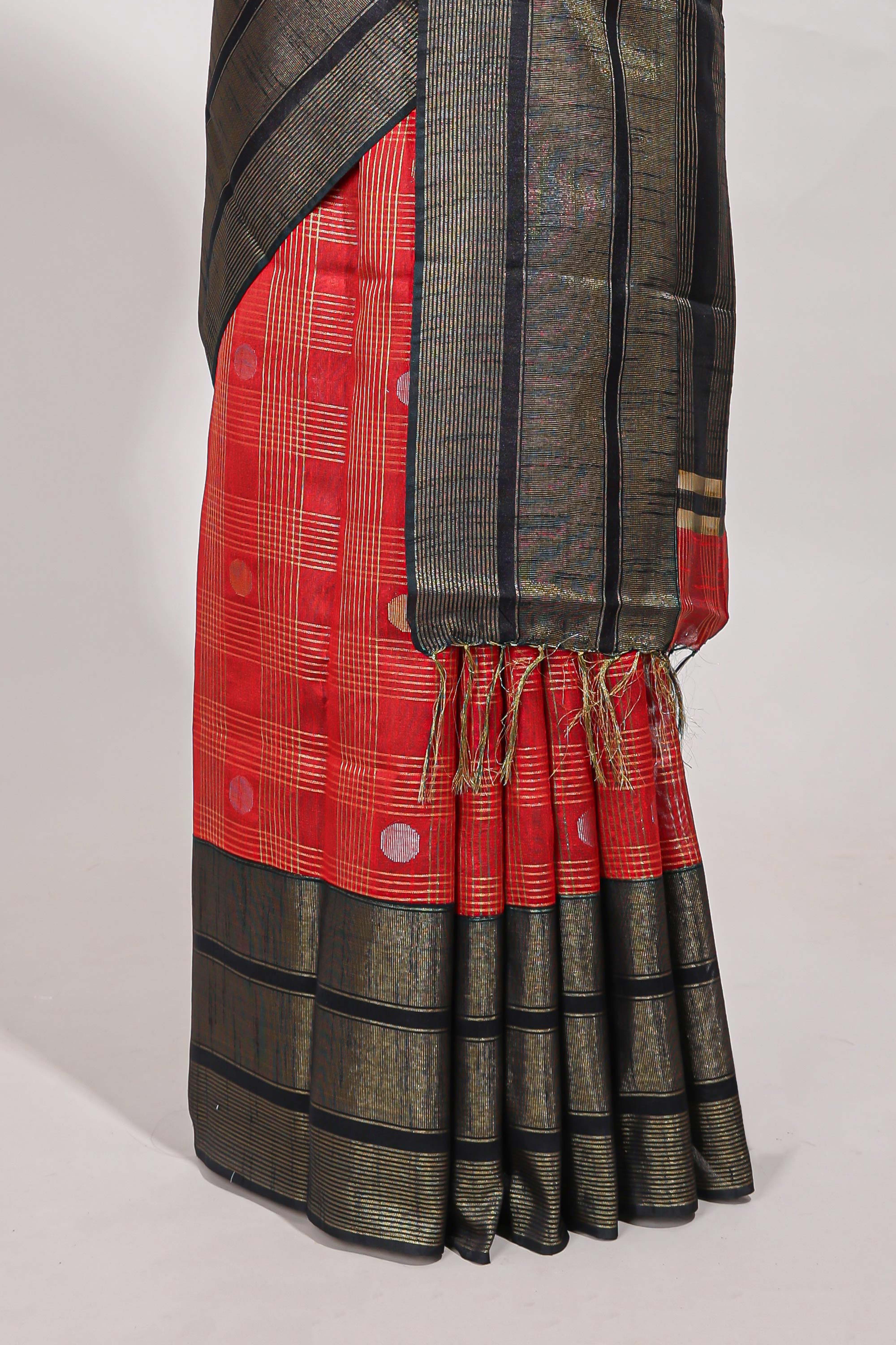Red silk body golden zari butta striped pattern and Broad golden zari border with contrast blouse