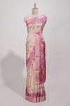 Beige floral semi art tussar saree with floral contrast border pallu and contrast blouse