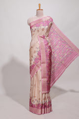 Beige floral semi art tussar saree with floral contrast border pallu and contrast blouse