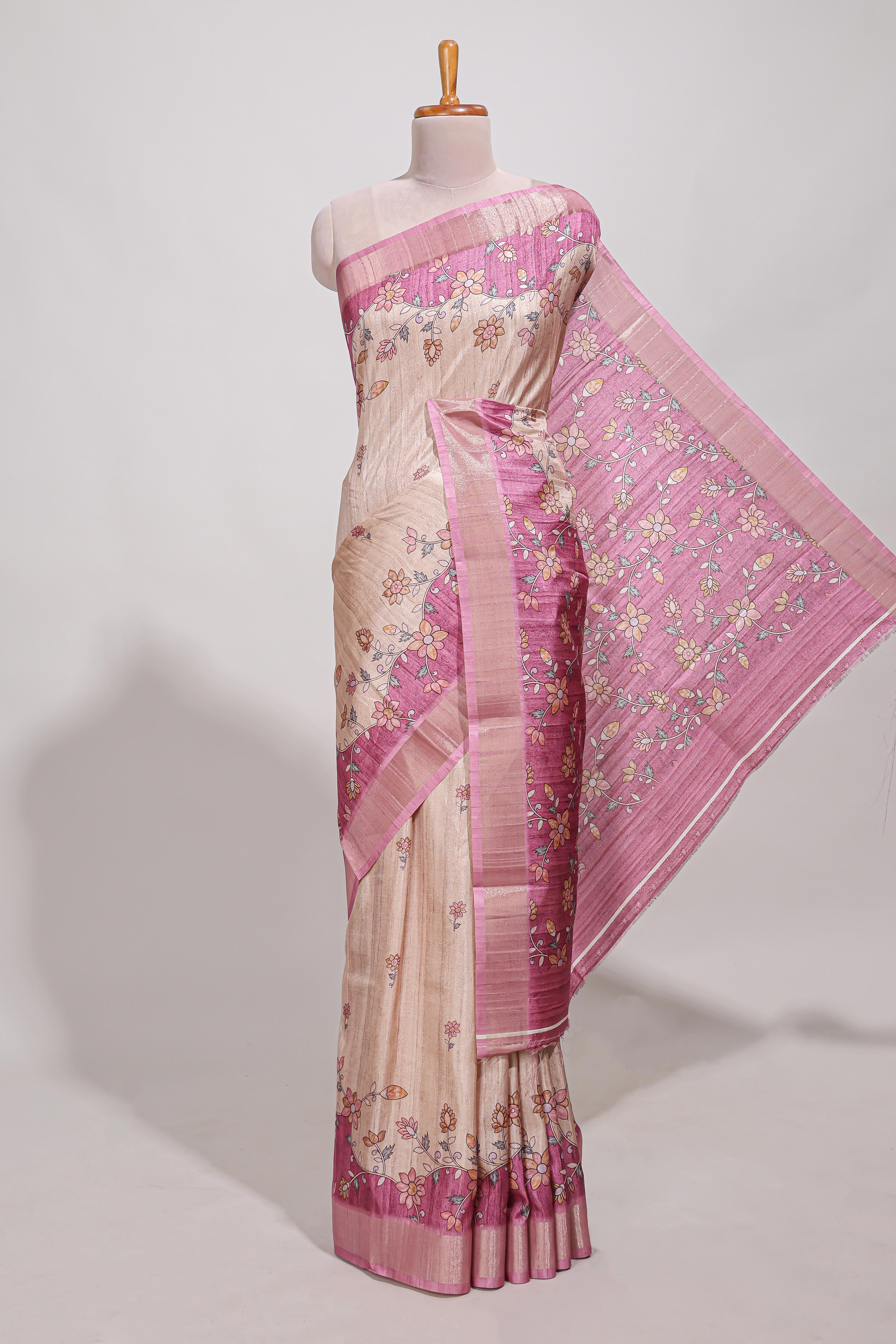 Beige floral semi art tussar saree with floral contrast border pallu and contrast blouse