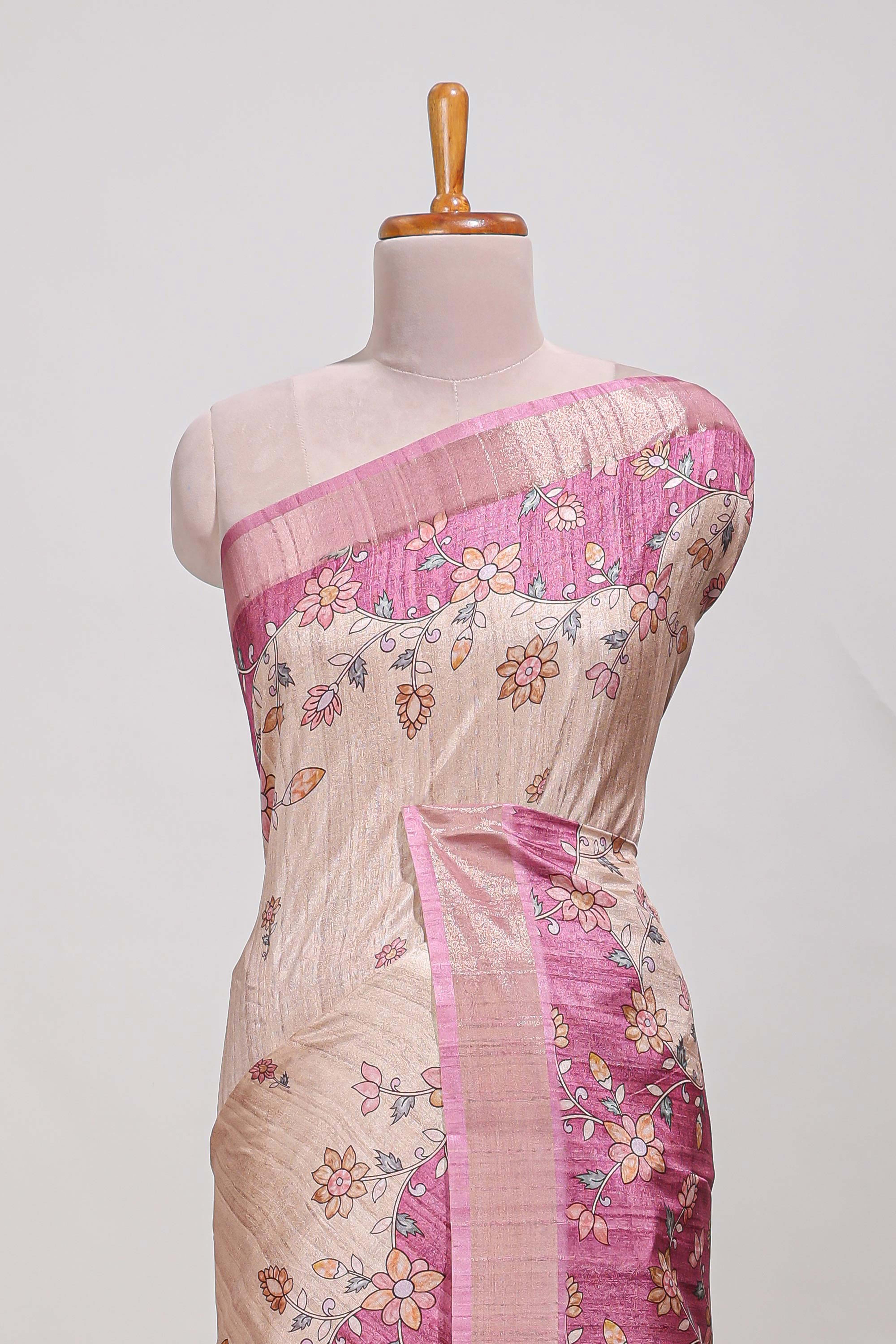 Beige floral semi art tussar saree with floral contrast border pallu and contrast blouse