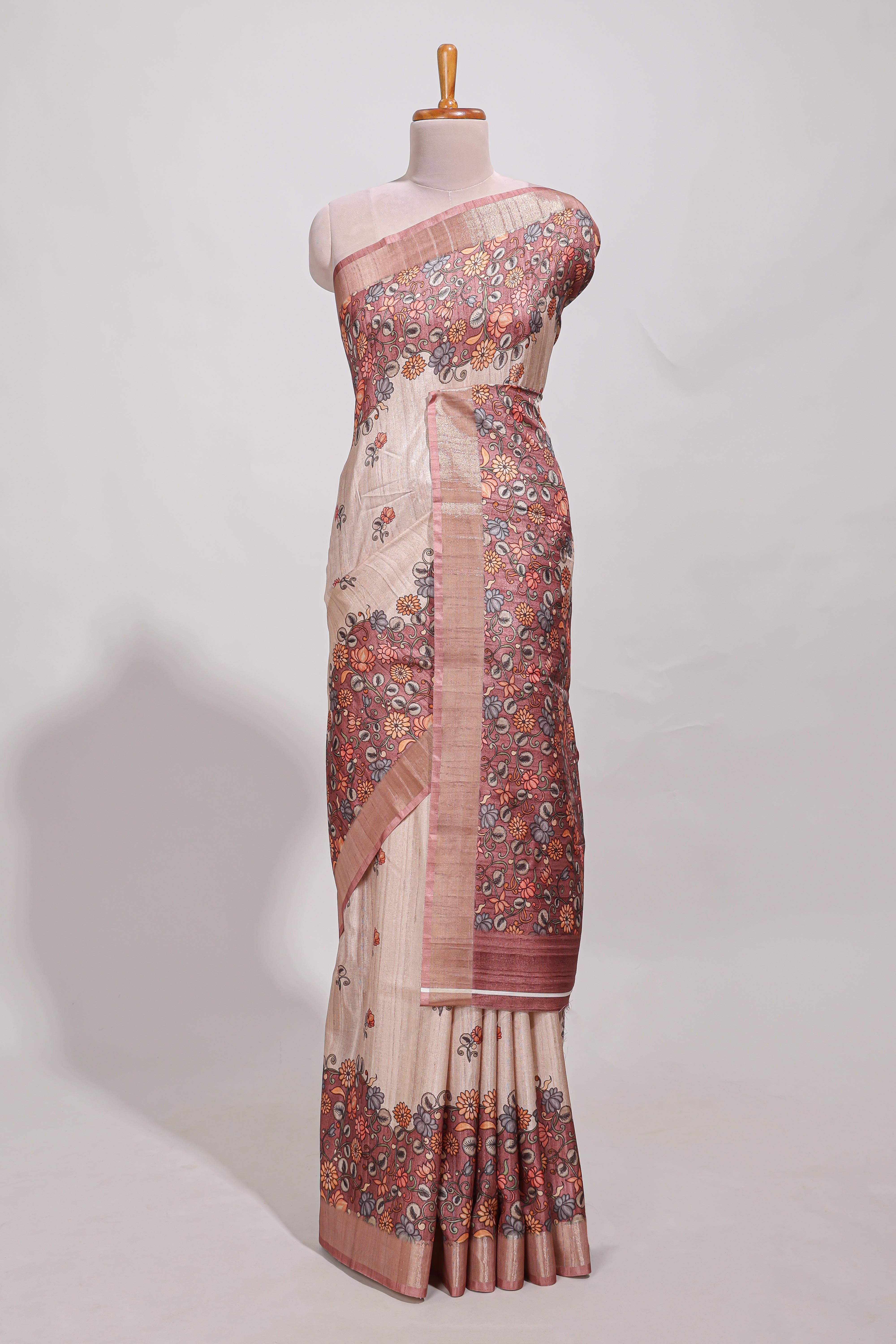 Beige floral semi art tussar saree with floral contrast border pallu and contrast blouse