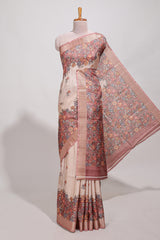 Beige floral semi art tussar saree with floral contrast border pallu and contrast blouse