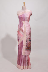 Onion pink kalamakri tussar saree body with floral creeper prints zari border and kalamkari peacock motif print pallu